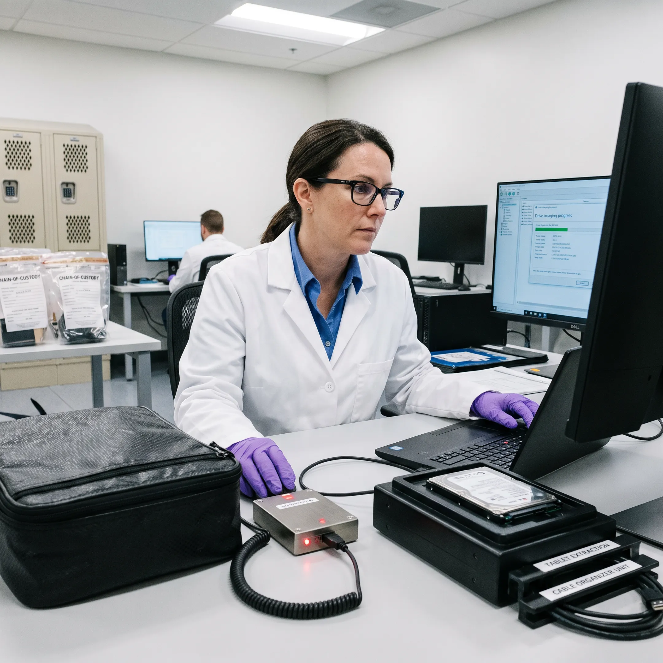 Digital forensic examiner reviewing computer evidence