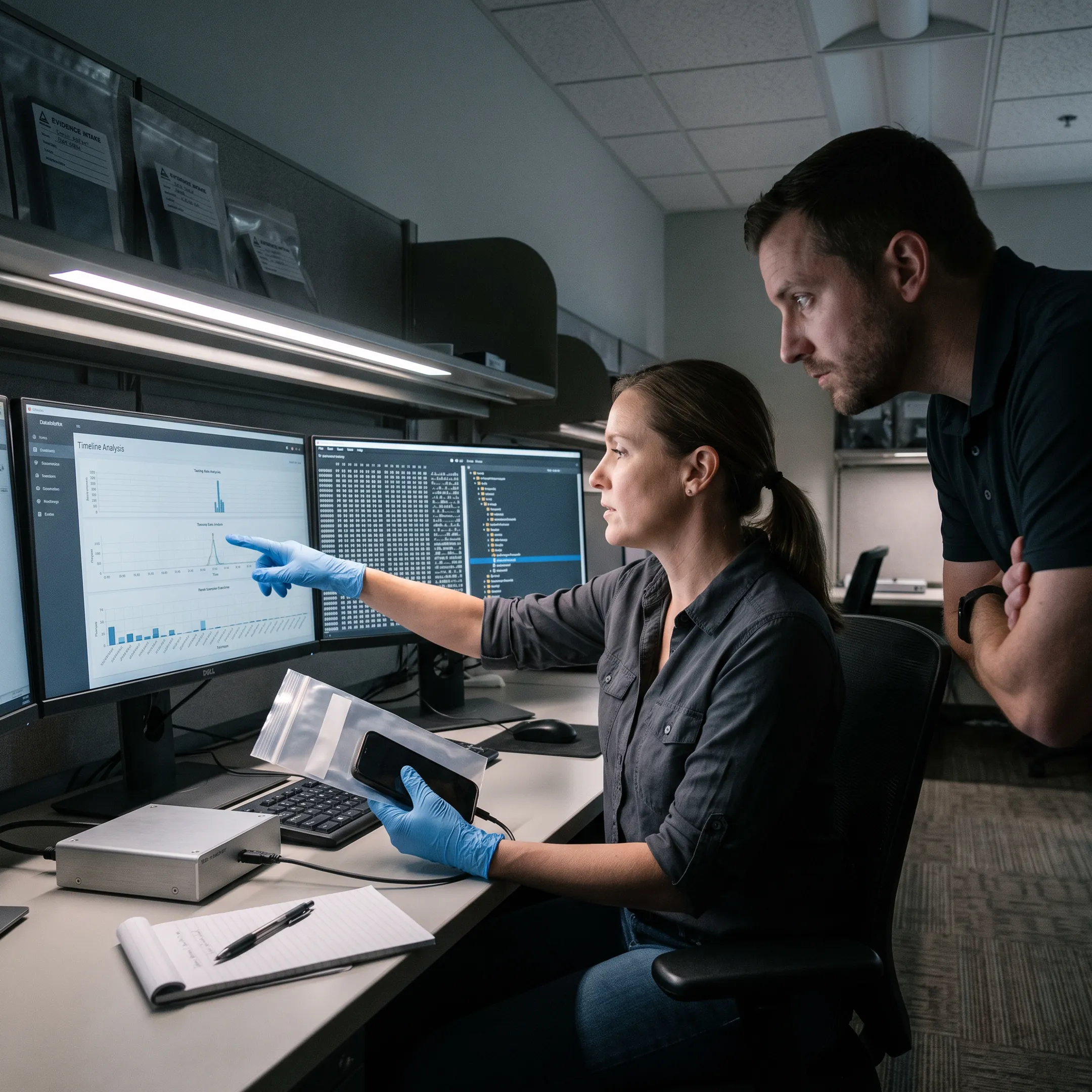 Forensic examiner analyzing mobile and computer data