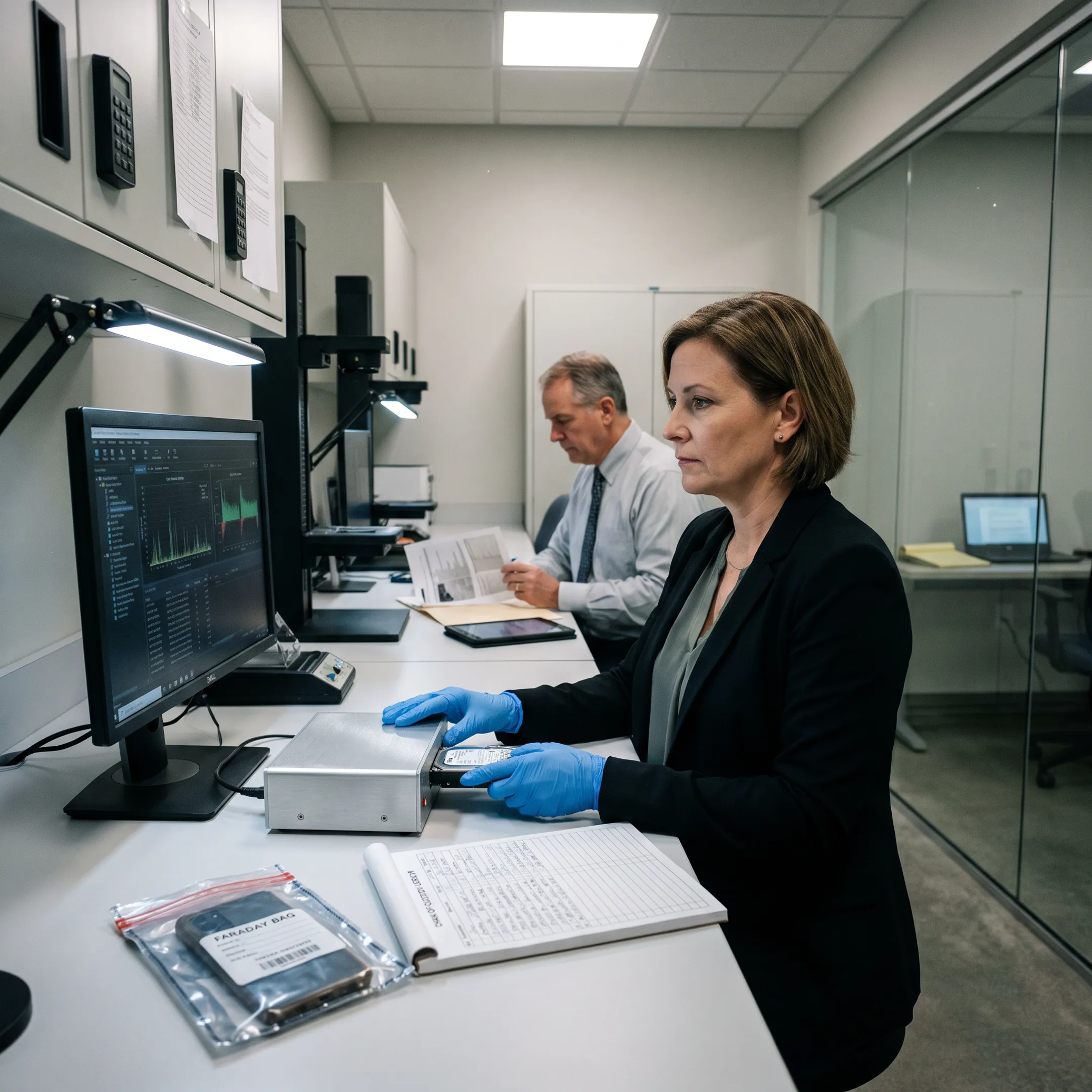 Digital forensic expert reviewing evidence for a legal case