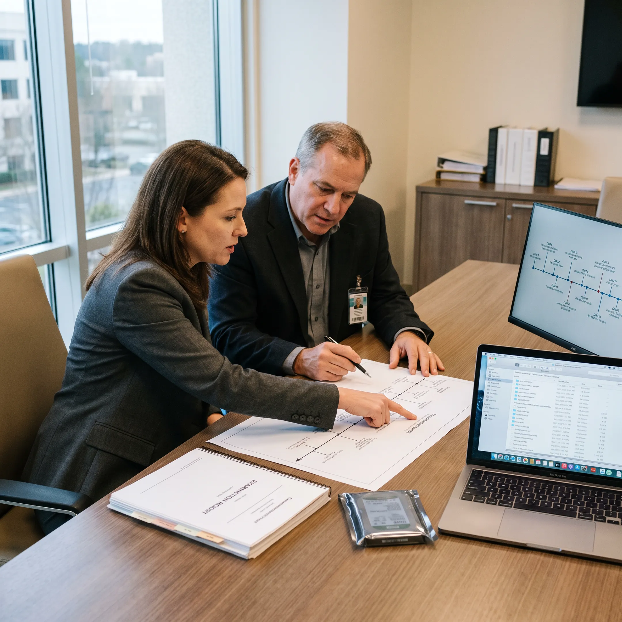 Attorney and forensic specialist reviewing digital evidence