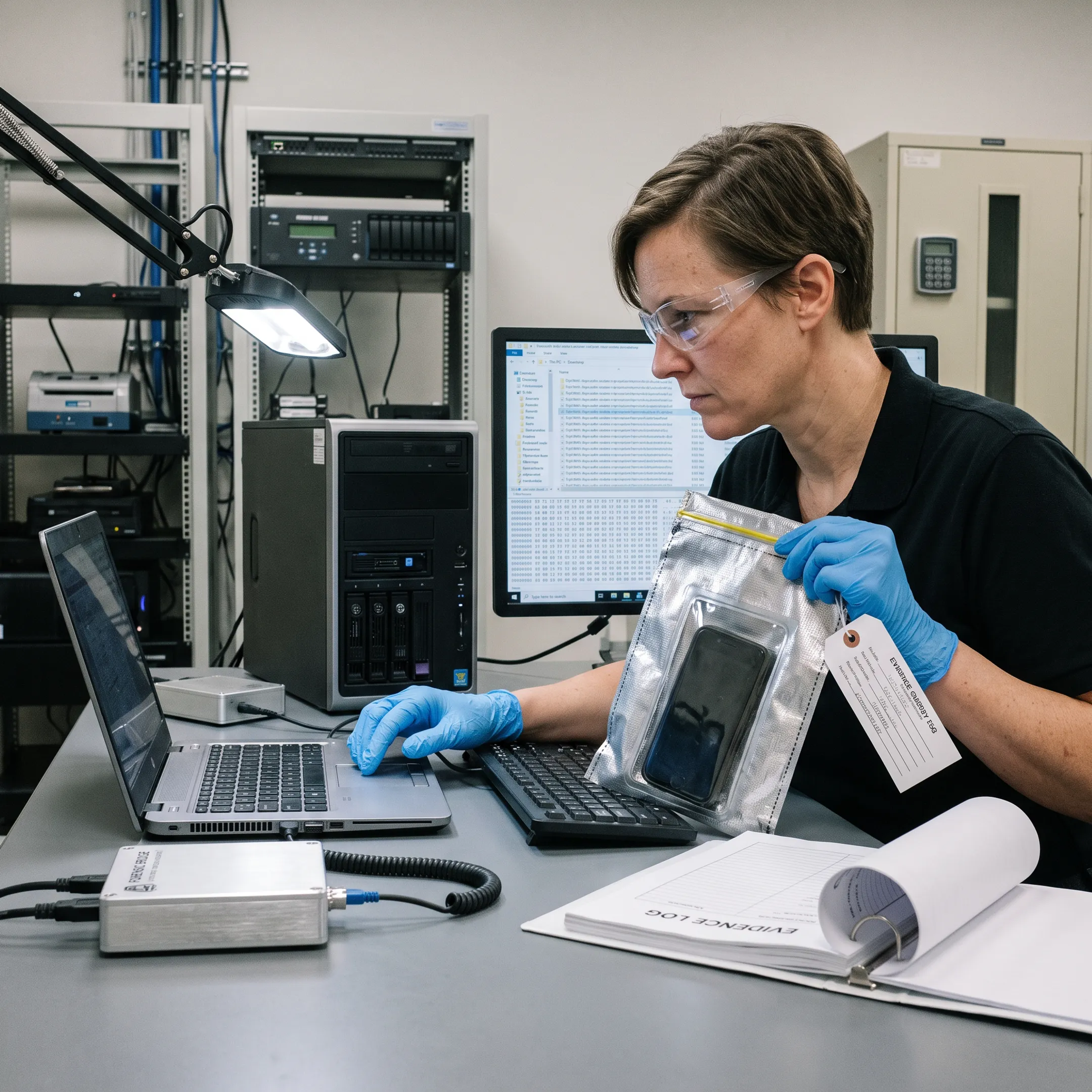 Digital forensic examiner reviewing a compromised laptop