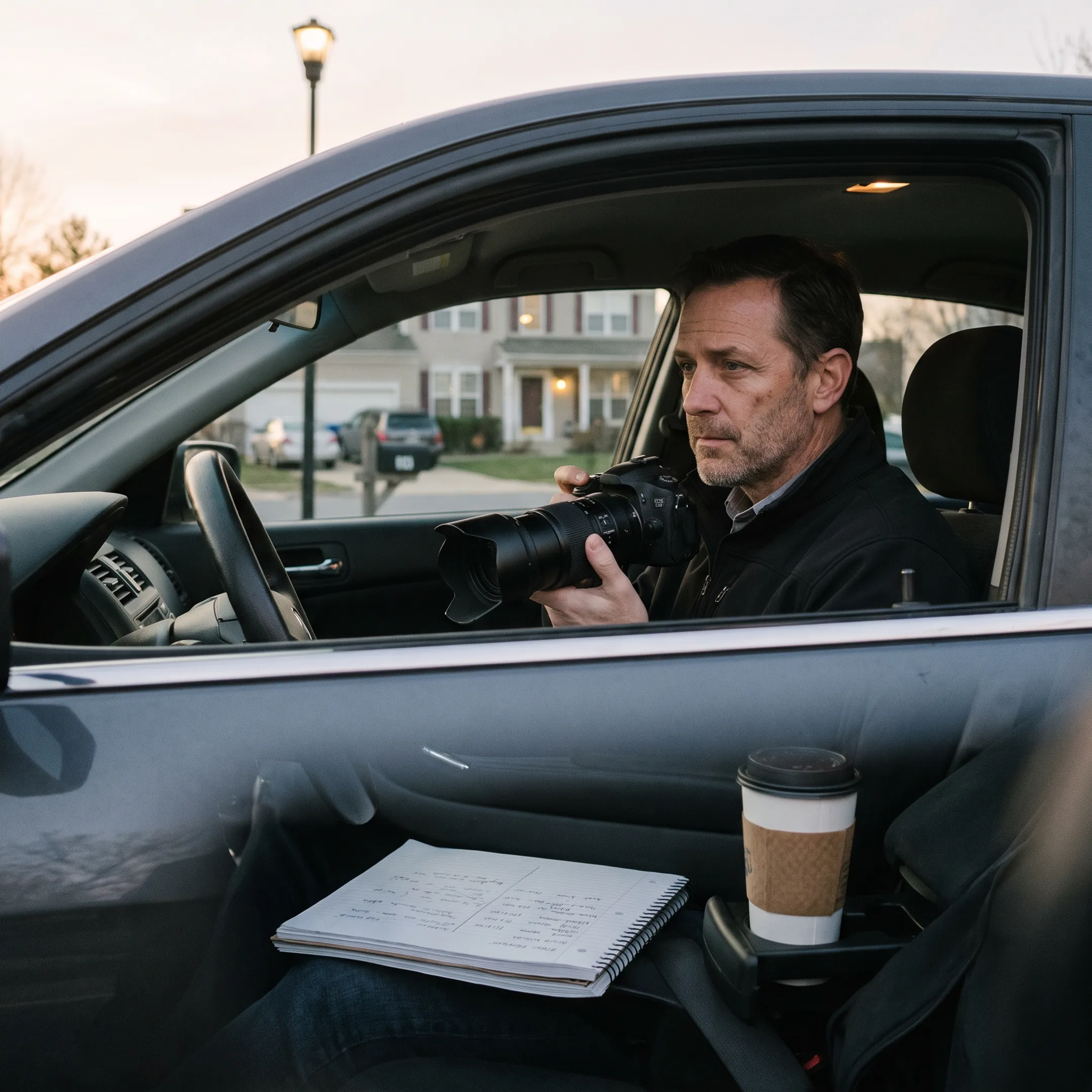 Private investigator conducting discreet surveillance from an unmarked vehicle