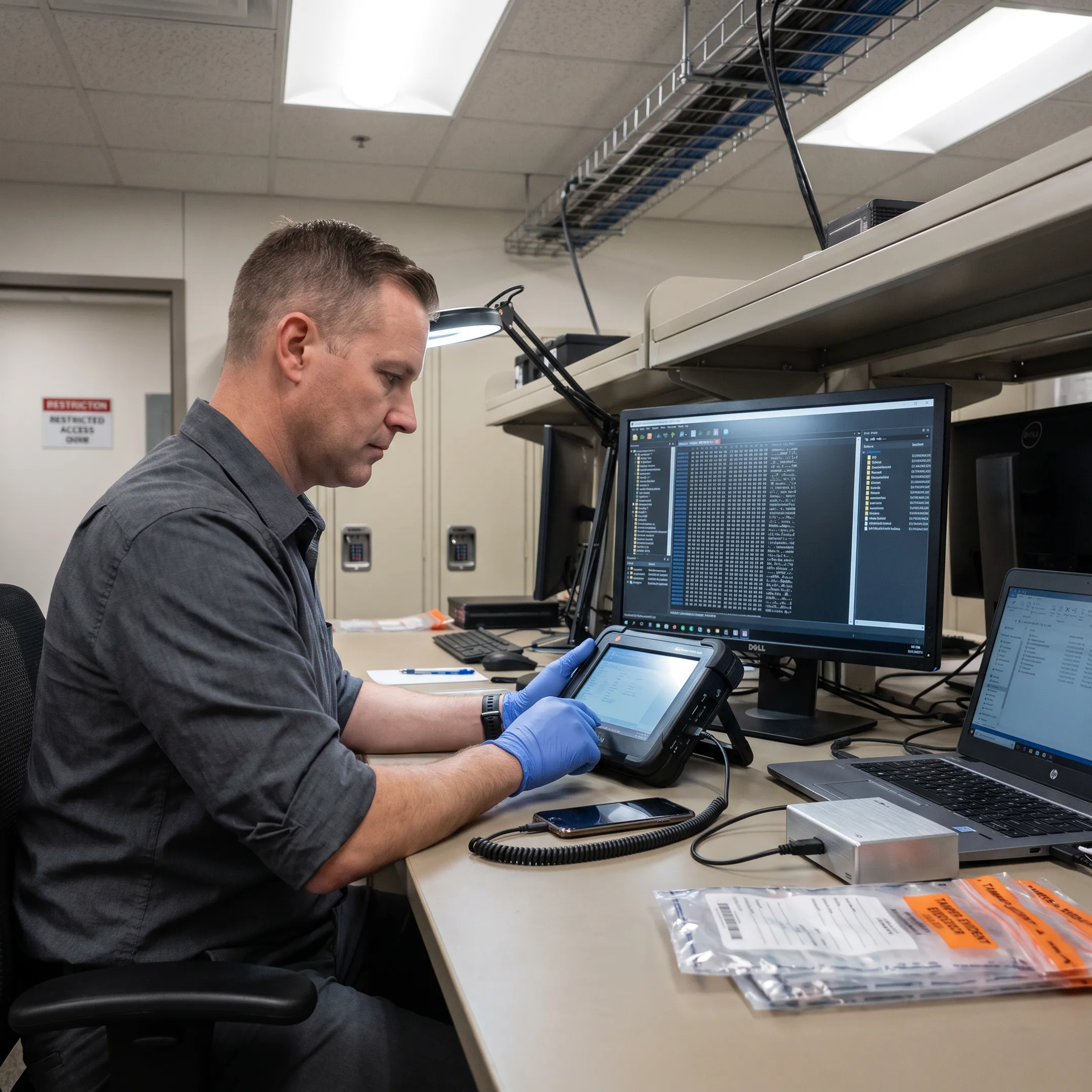 Digital forensic examiner reviewing electronic evidence