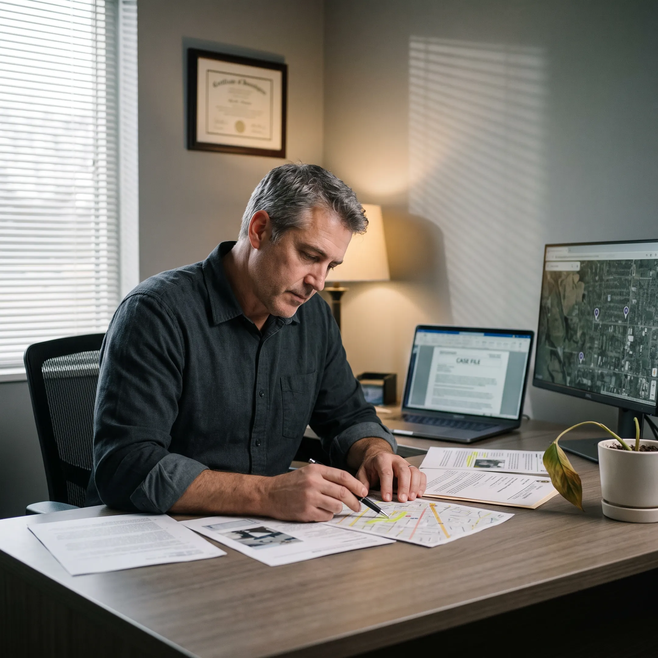 Investigator reviewing skip tracing records
