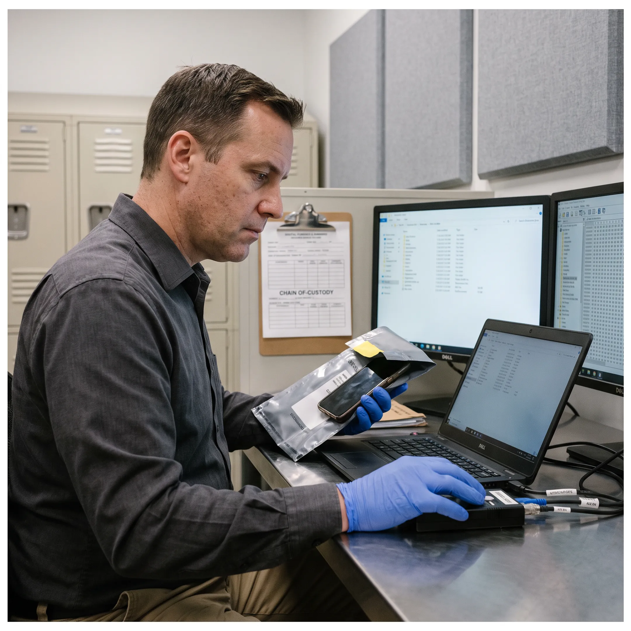 Digital forensic examiner reviewing evidence