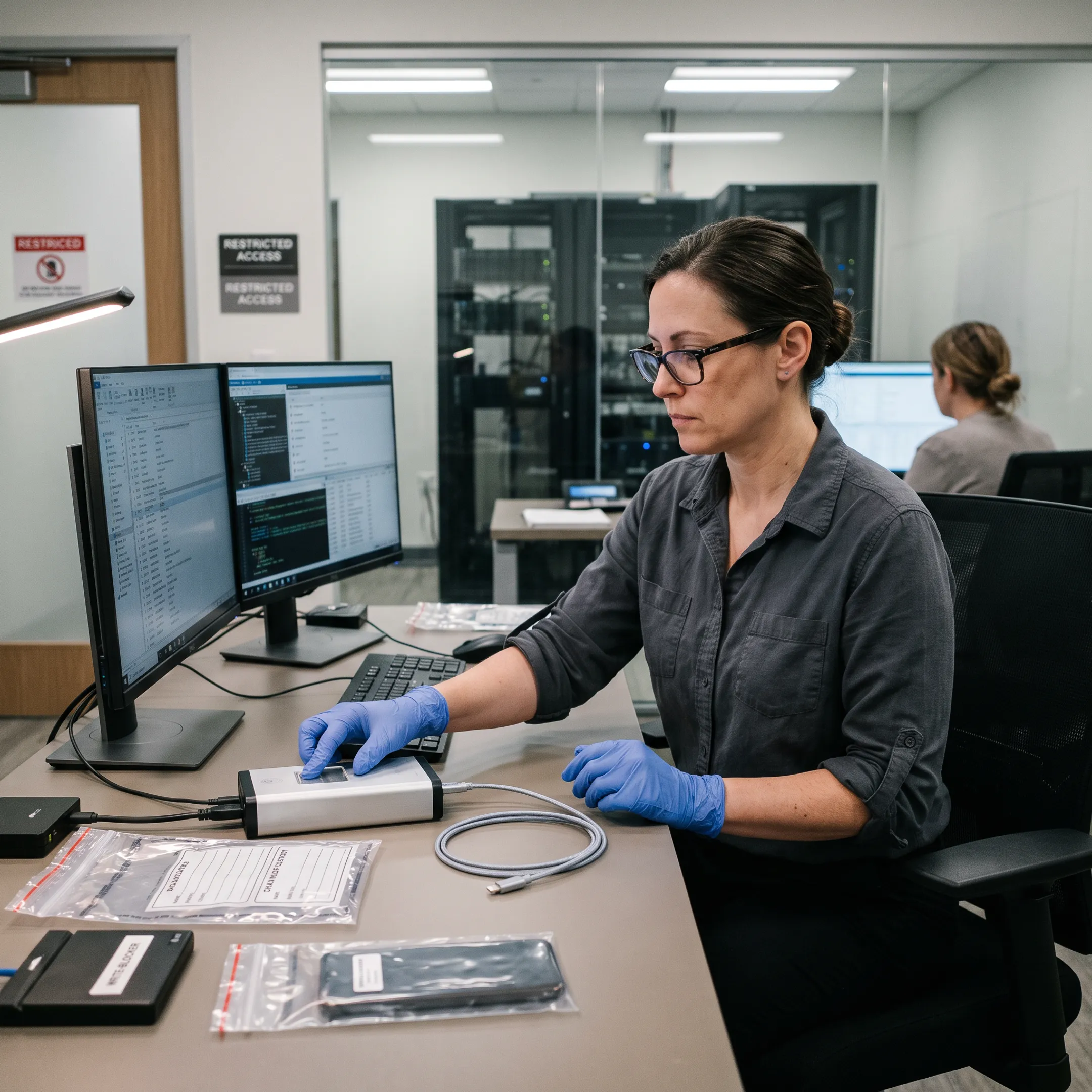 Forensic examiner reviewing smartphone evidence