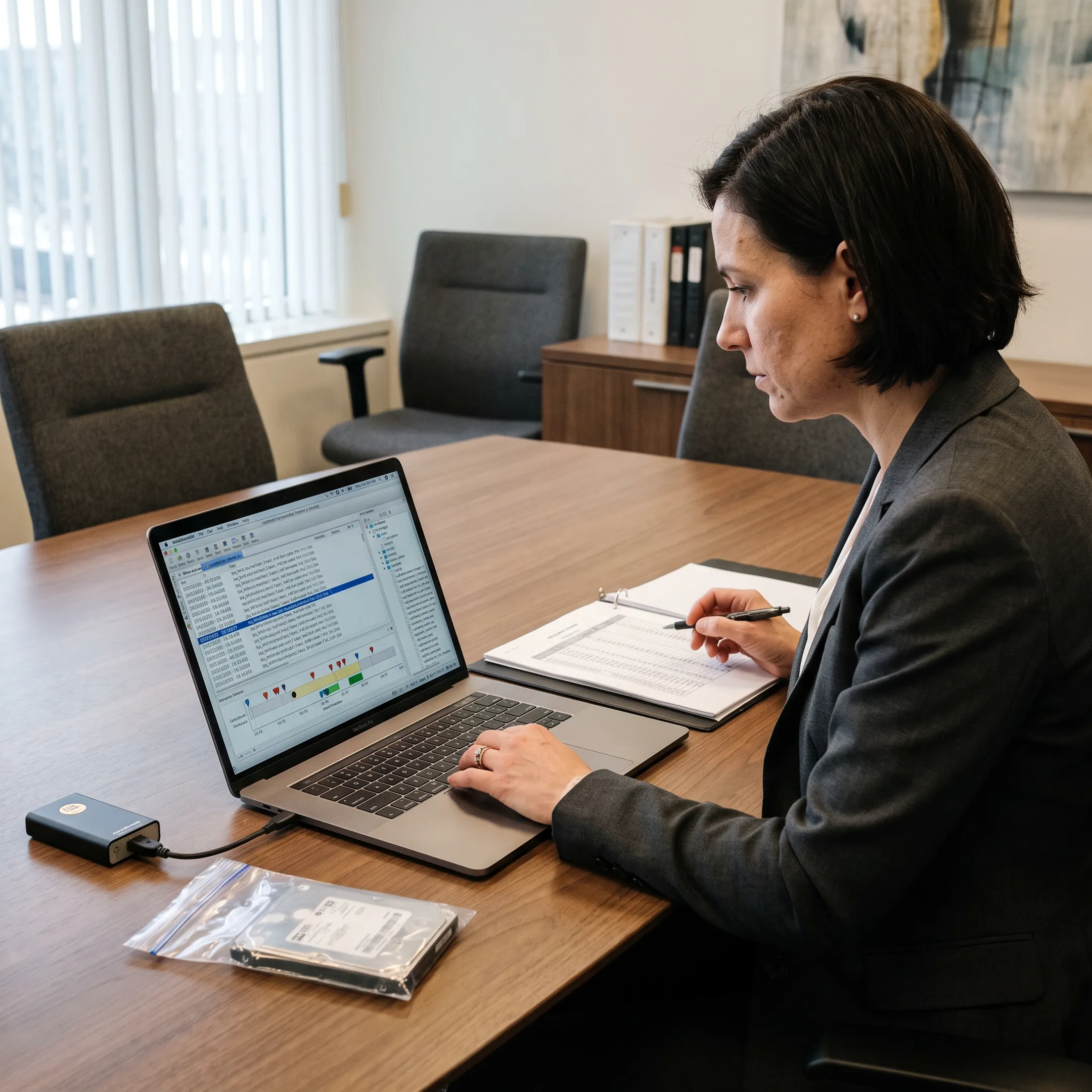 Digital forensic expert reviewing evidence for a legal case
