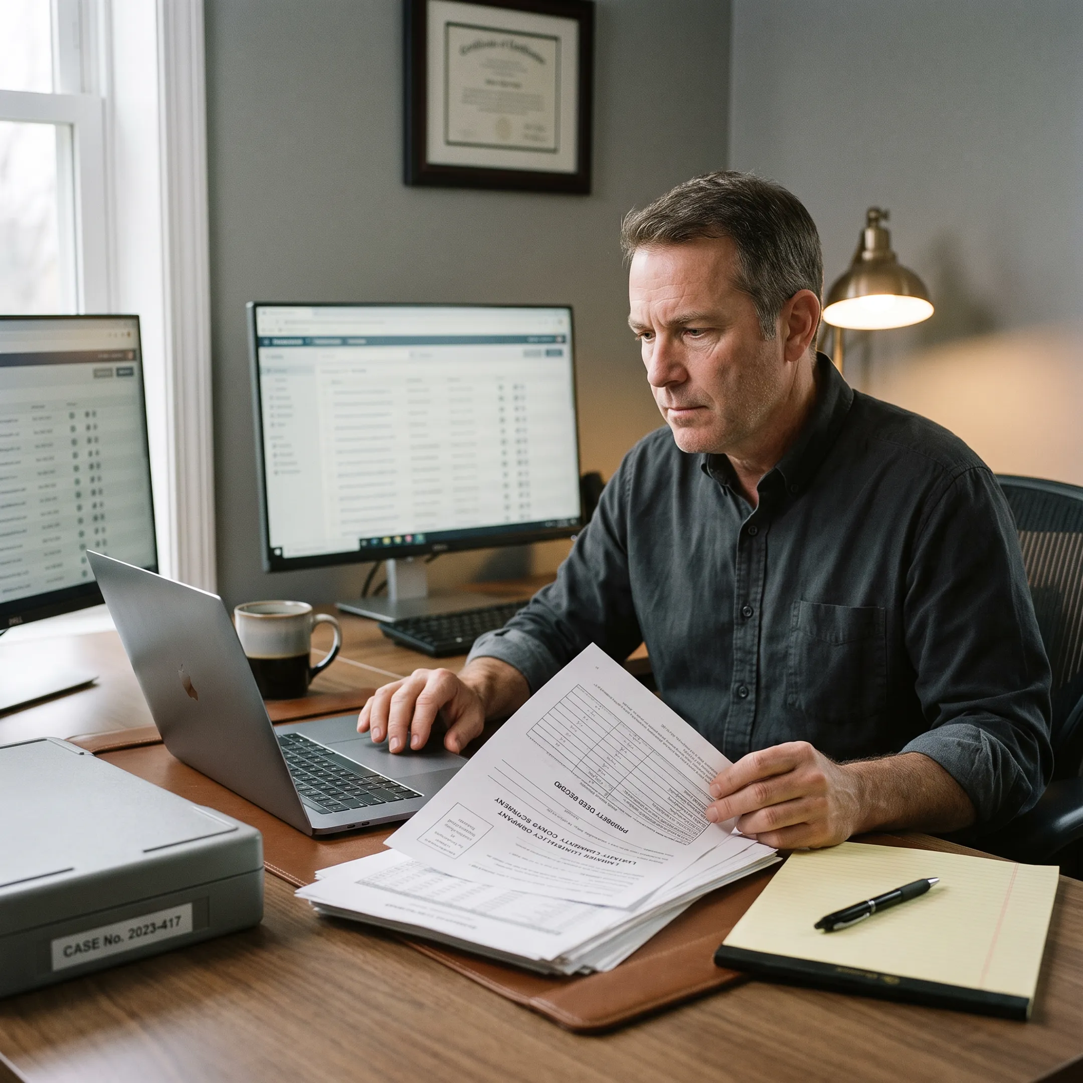 Investigator reviewing asset search records