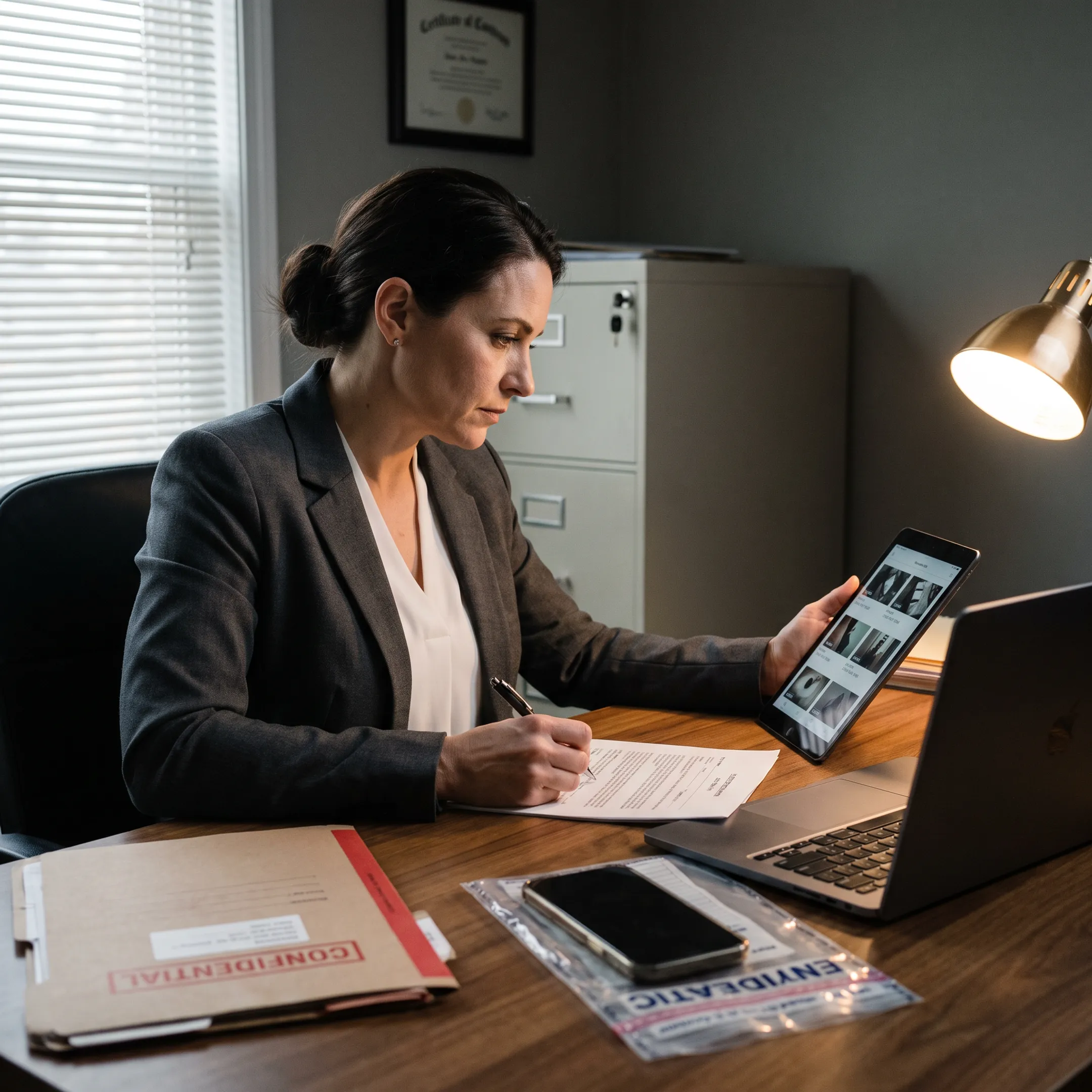 Private investigator reviewing case evidence
