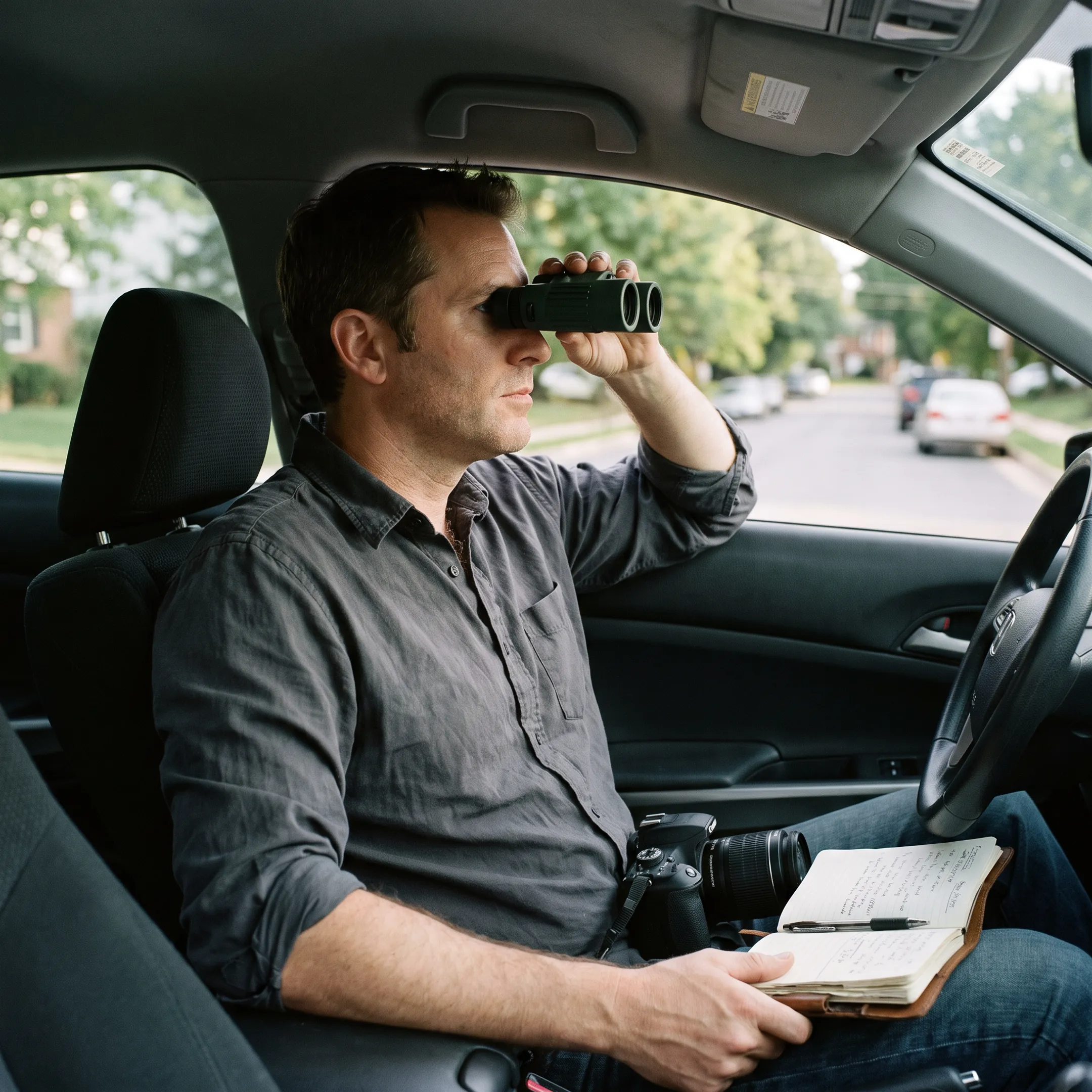 Investigator conducting discreet surveillance from a vehicle