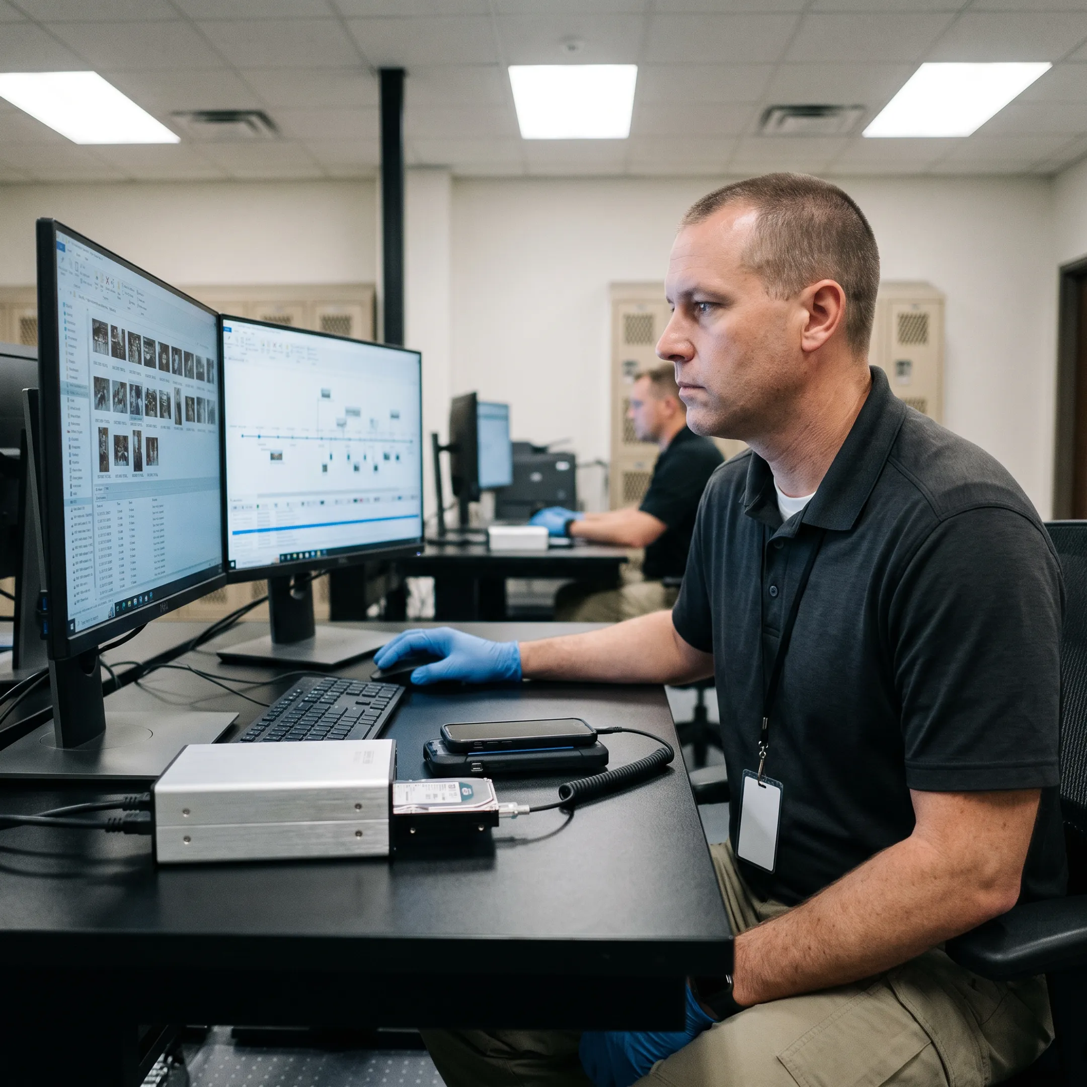 Forensic examiner reviewing digital evidence