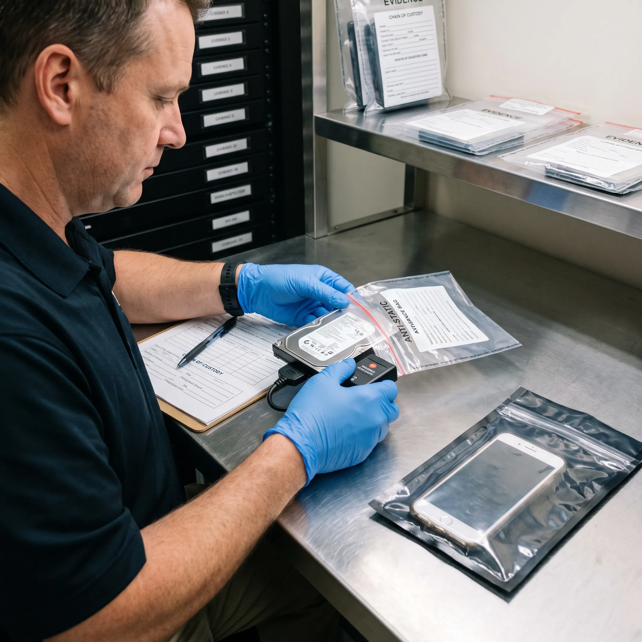 Forensic examiner documenting digital evidence