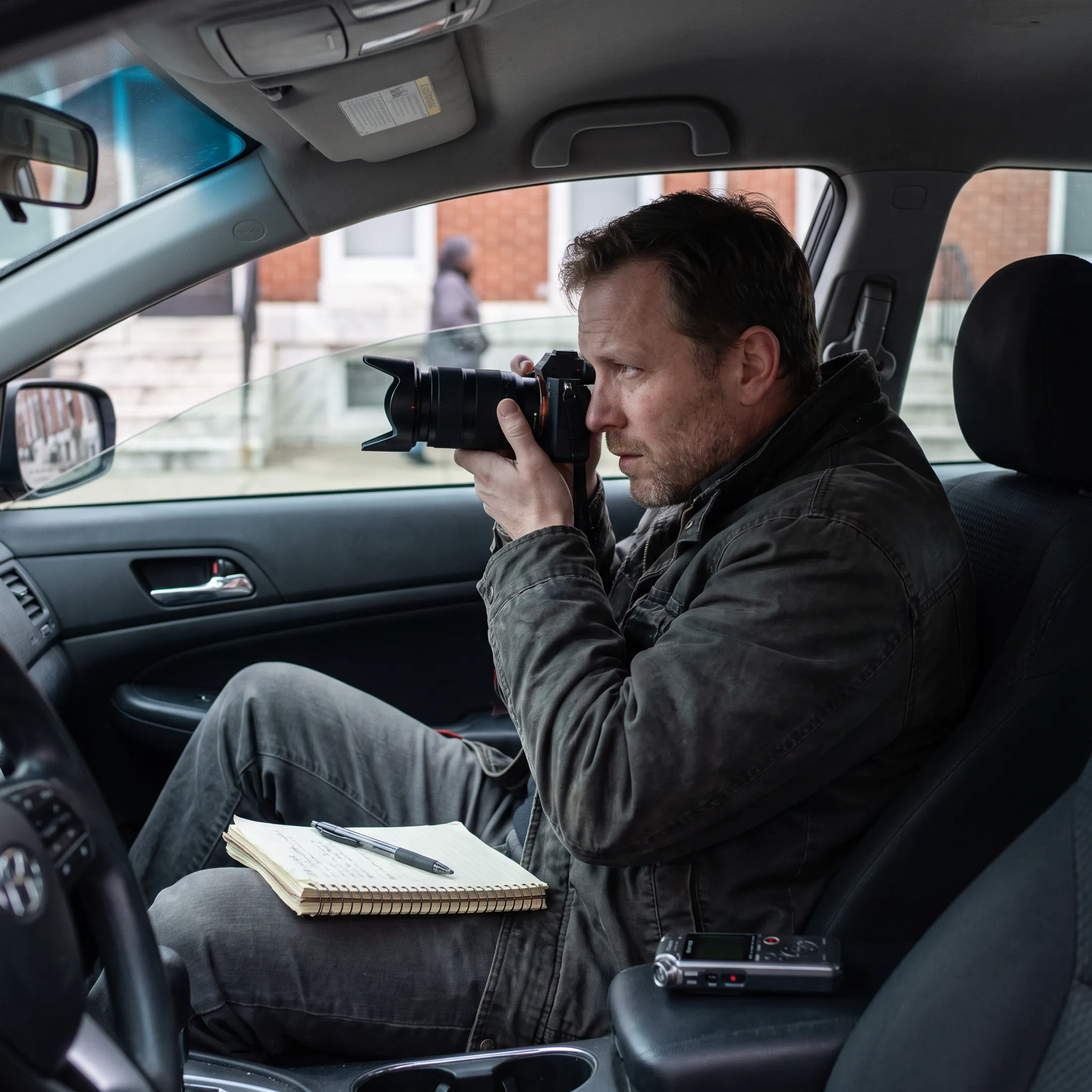 Investigator conducting discreet vehicle surveillance