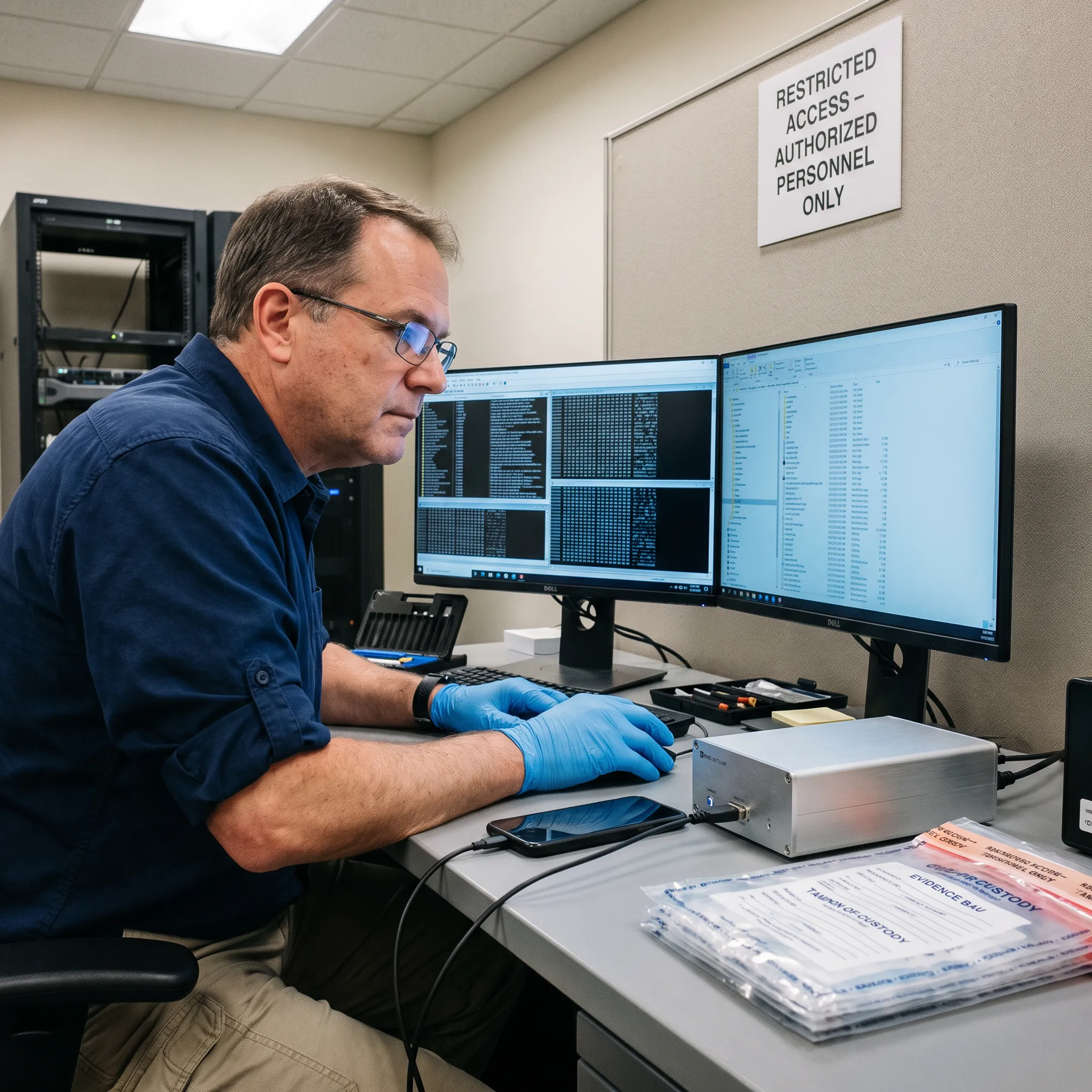 Forensic examiner analyzing smartphone evidence