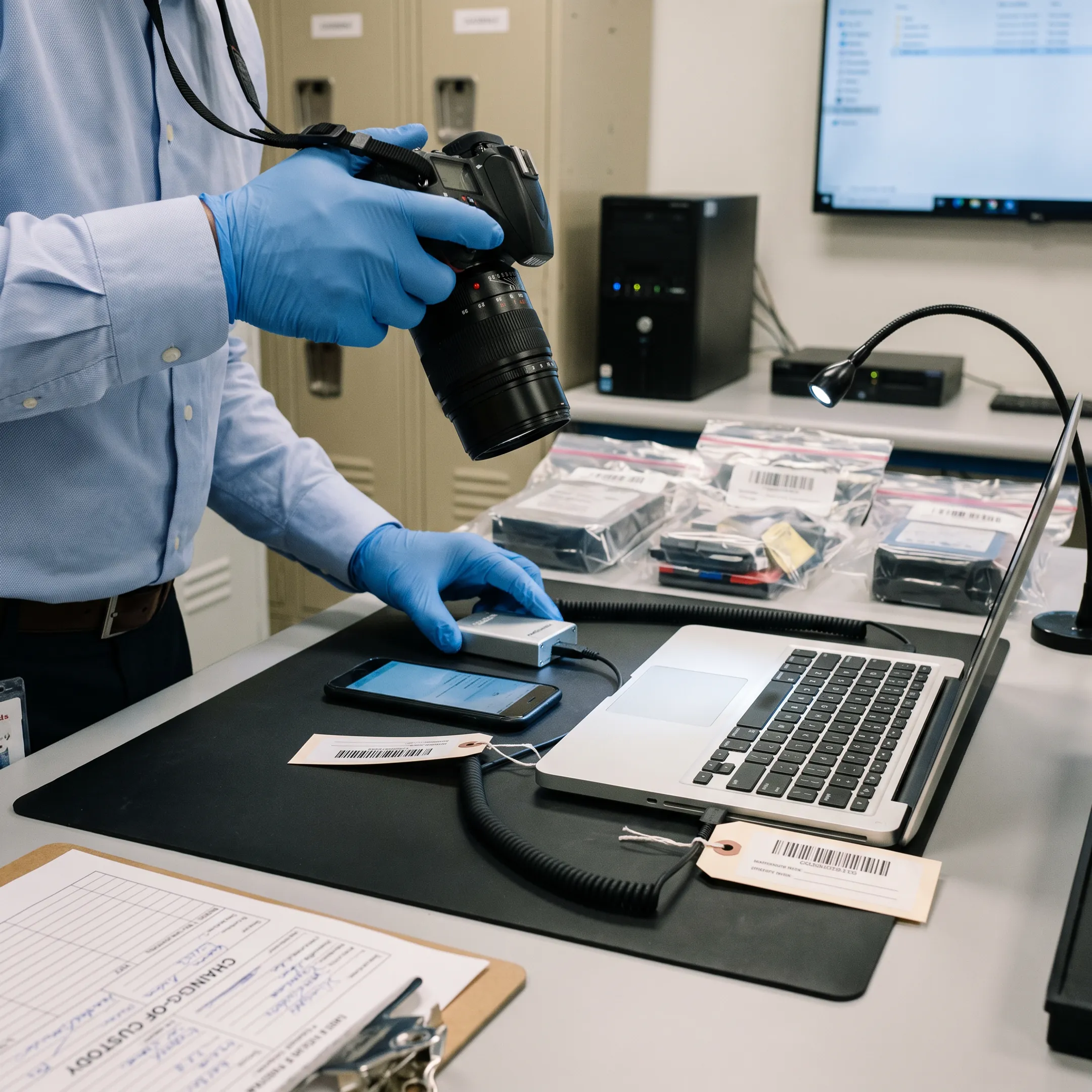 Forensic specialist documenting digital evidence