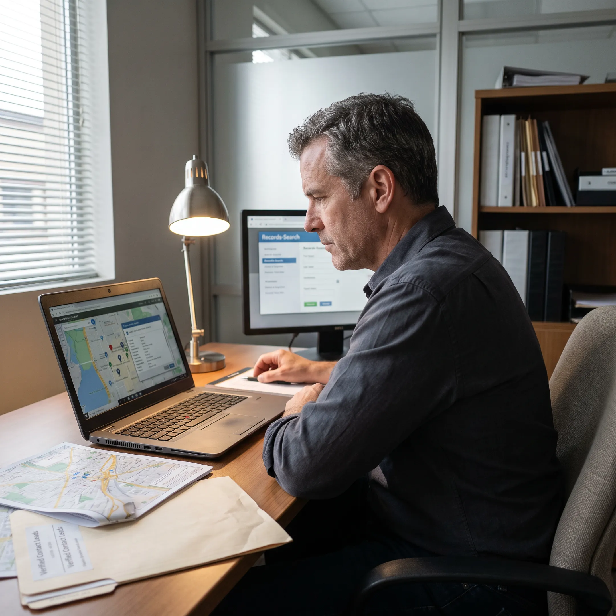 Investigator reviewing location research on a laptop