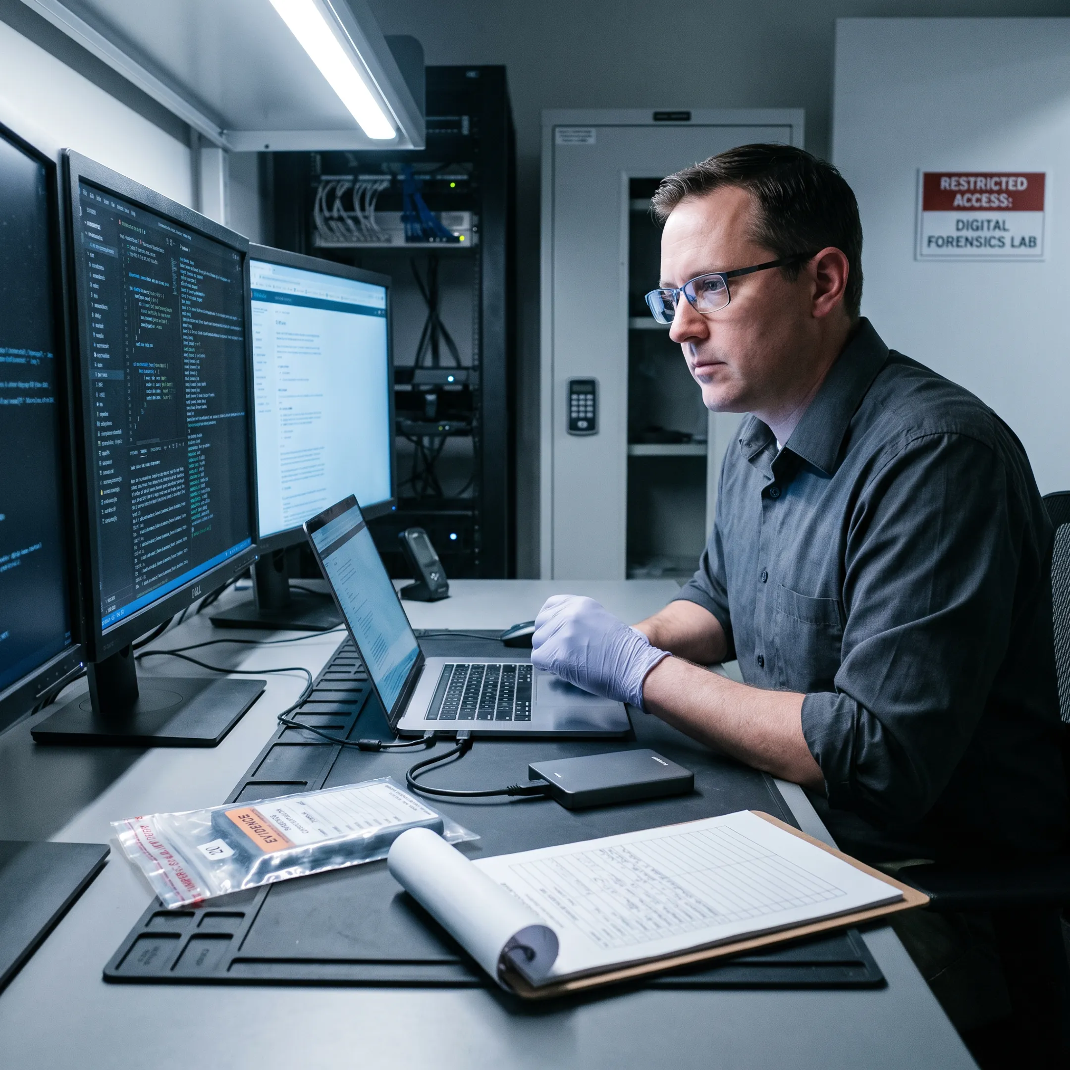 Digital forensic examiner reviewing a compromised laptop