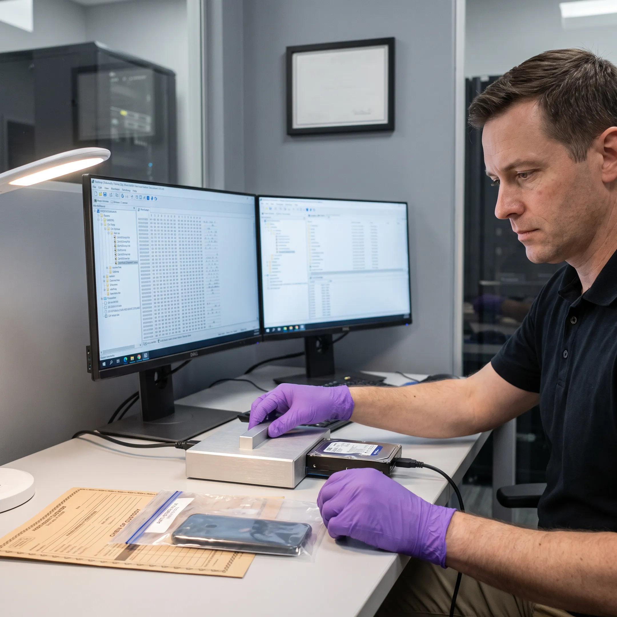 Forensic specialist examining digital evidence