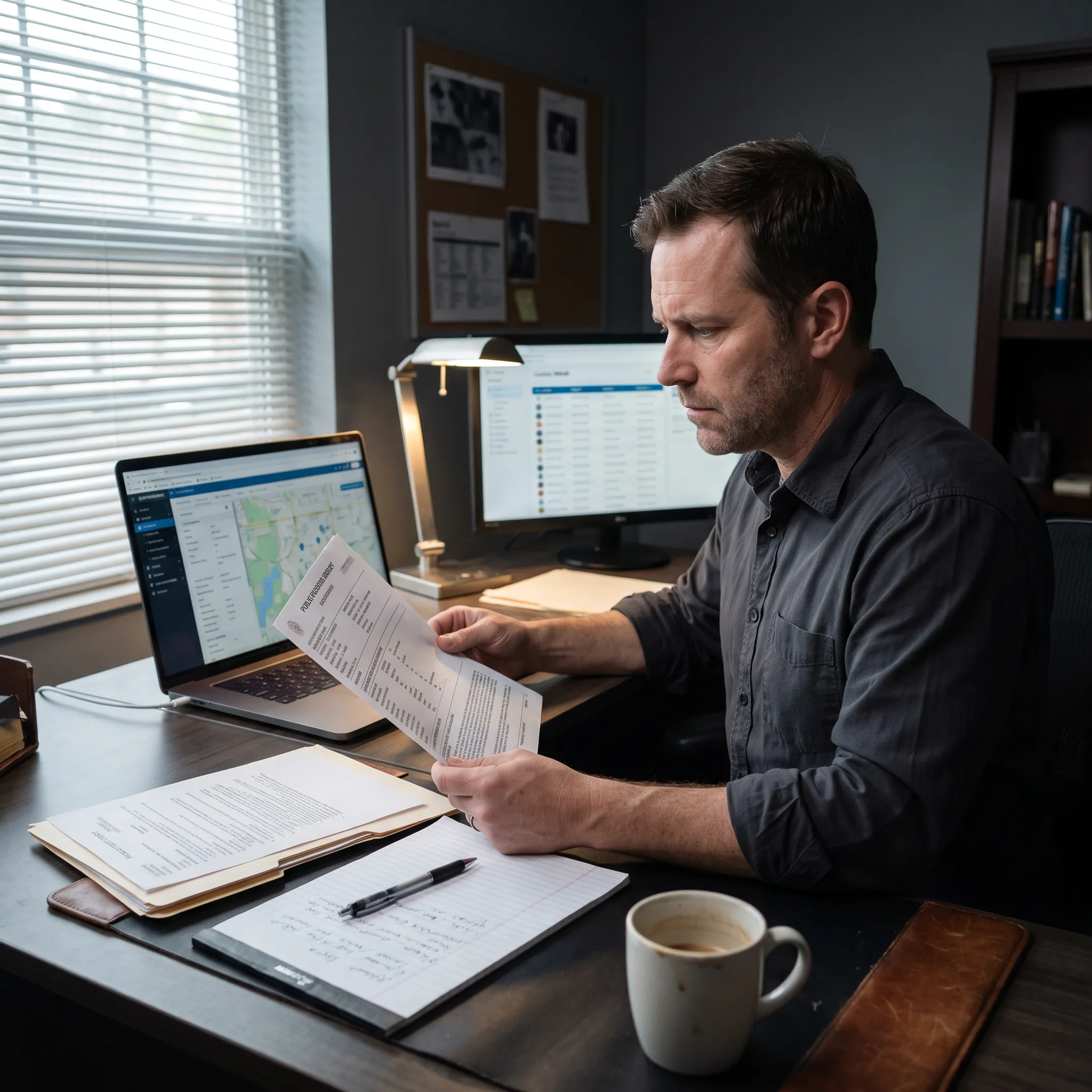 Investigator reviewing records for a skip tracing case
