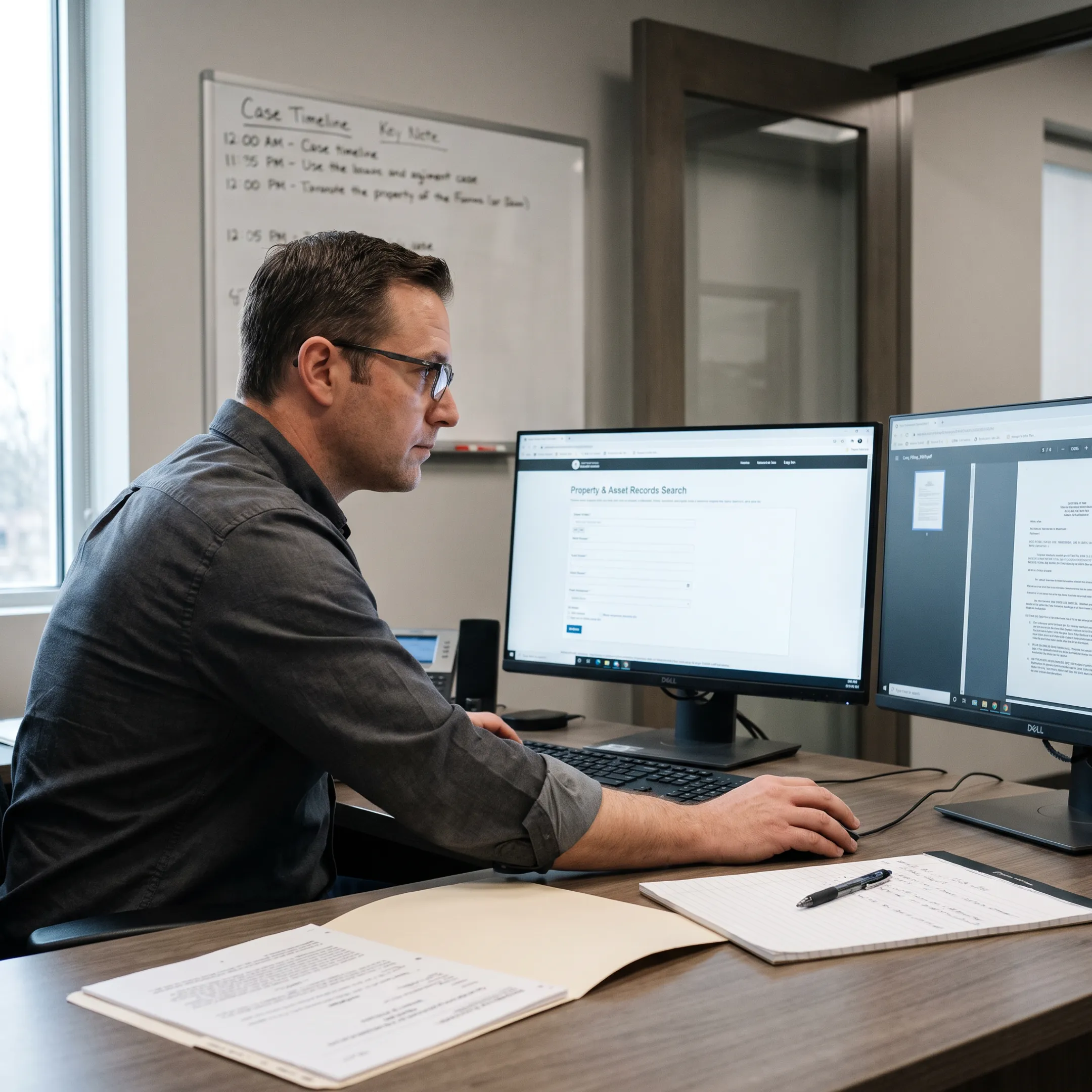 Investigator reviewing asset search records