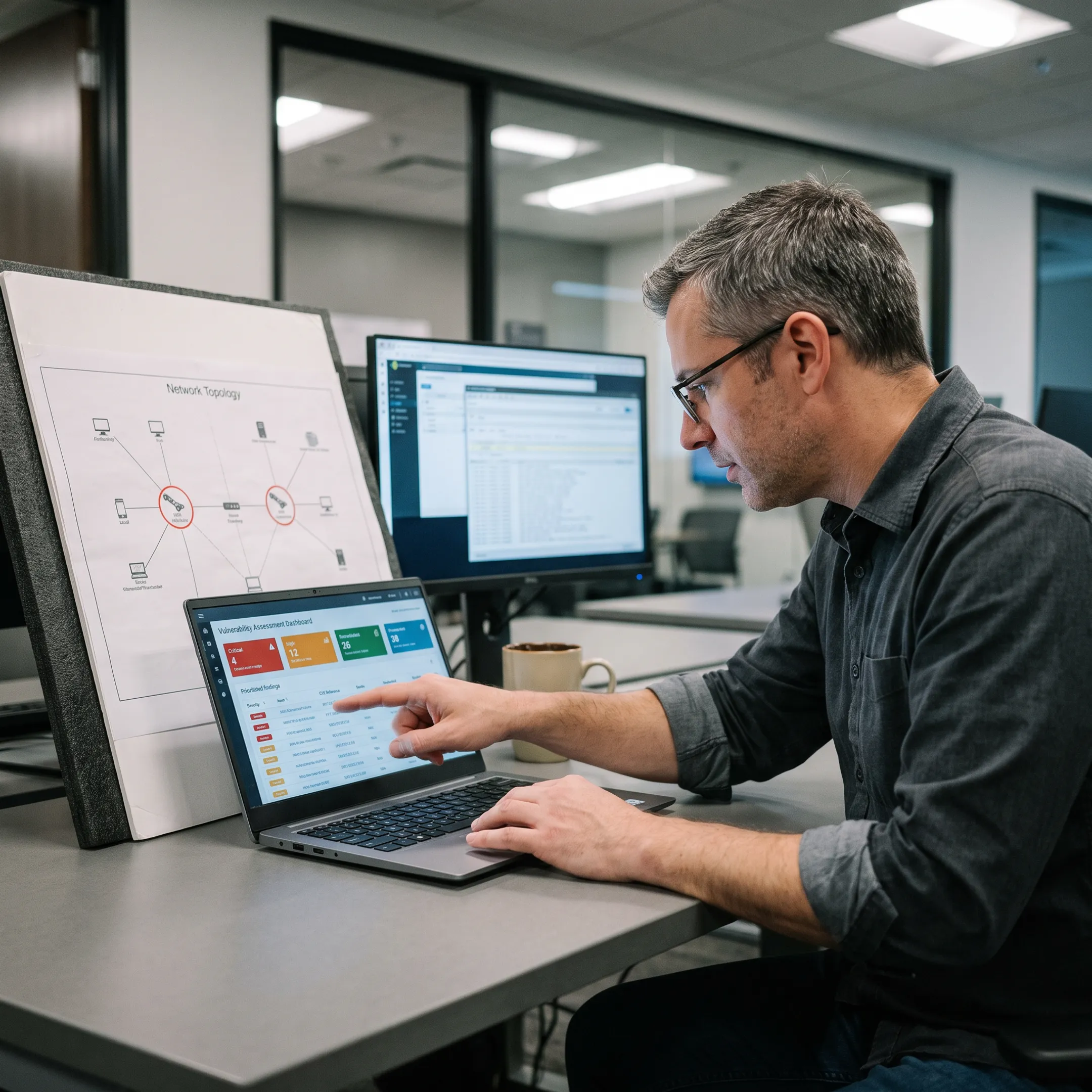 Security professional analyzing vulnerability assessment results