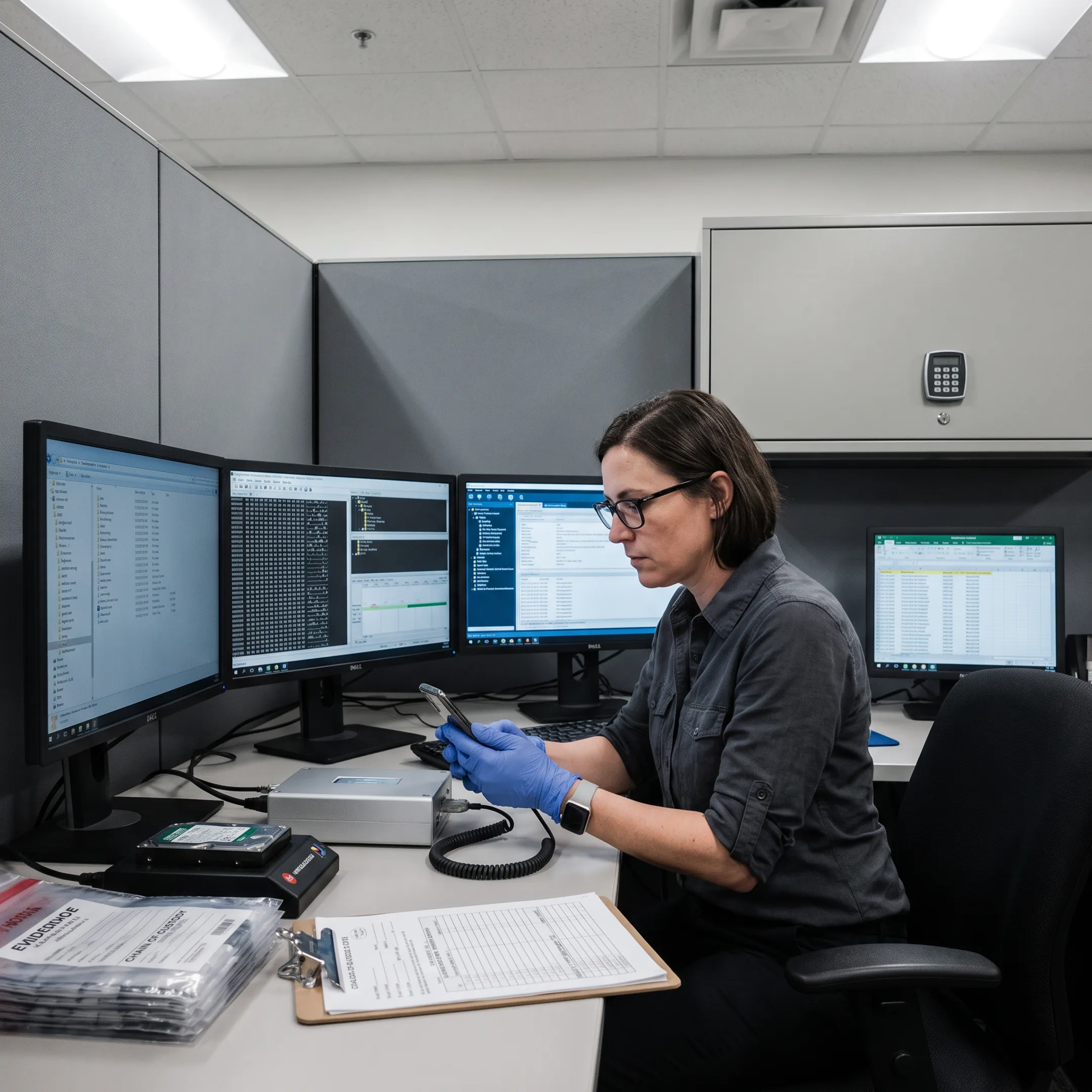 Digital forensic examiner reviewing evidence on a computer