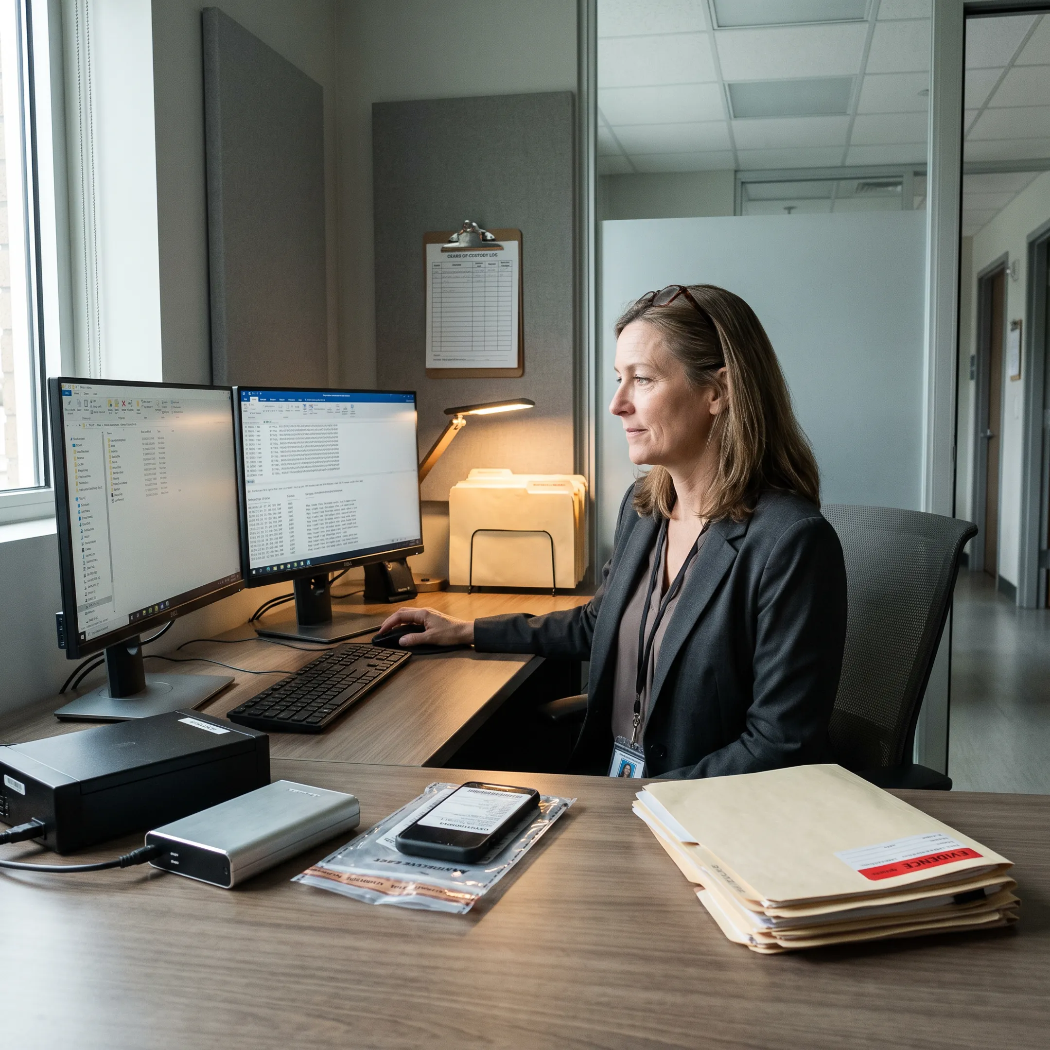 Digital forensic expert reviewing evidence for court