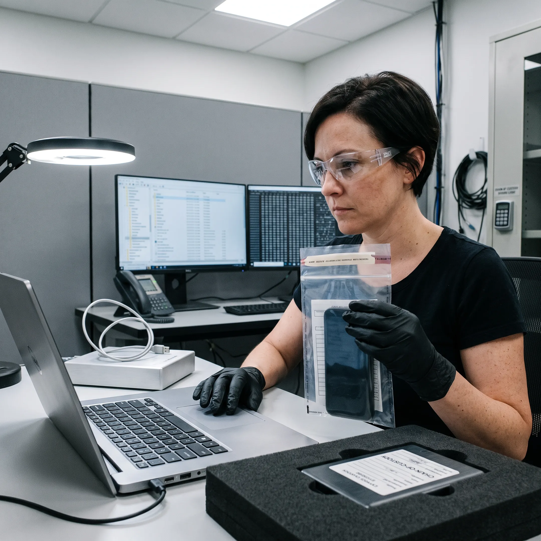 Digital forensic examiner reviewing compromised device evidence