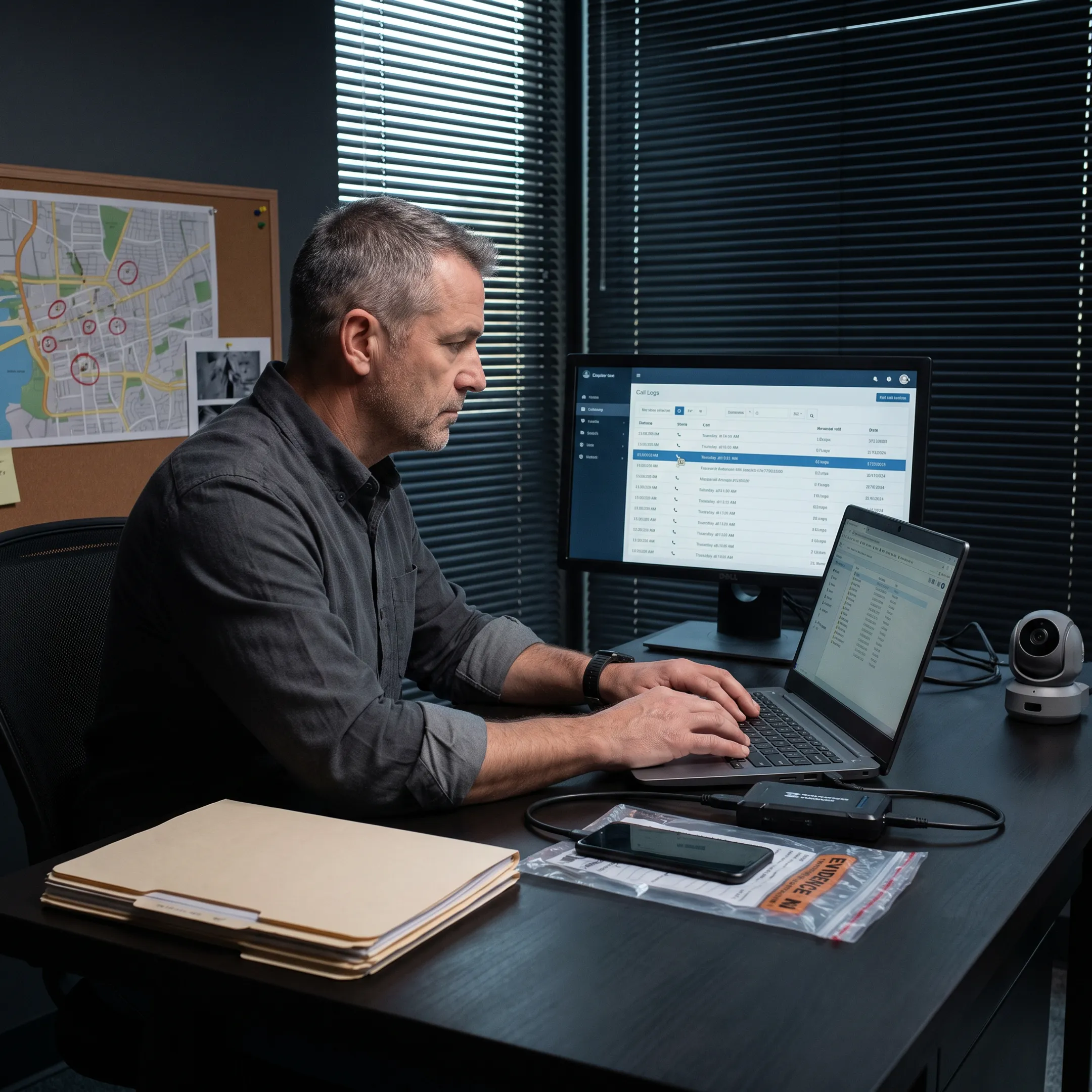 Private investigator reviewing case evidence