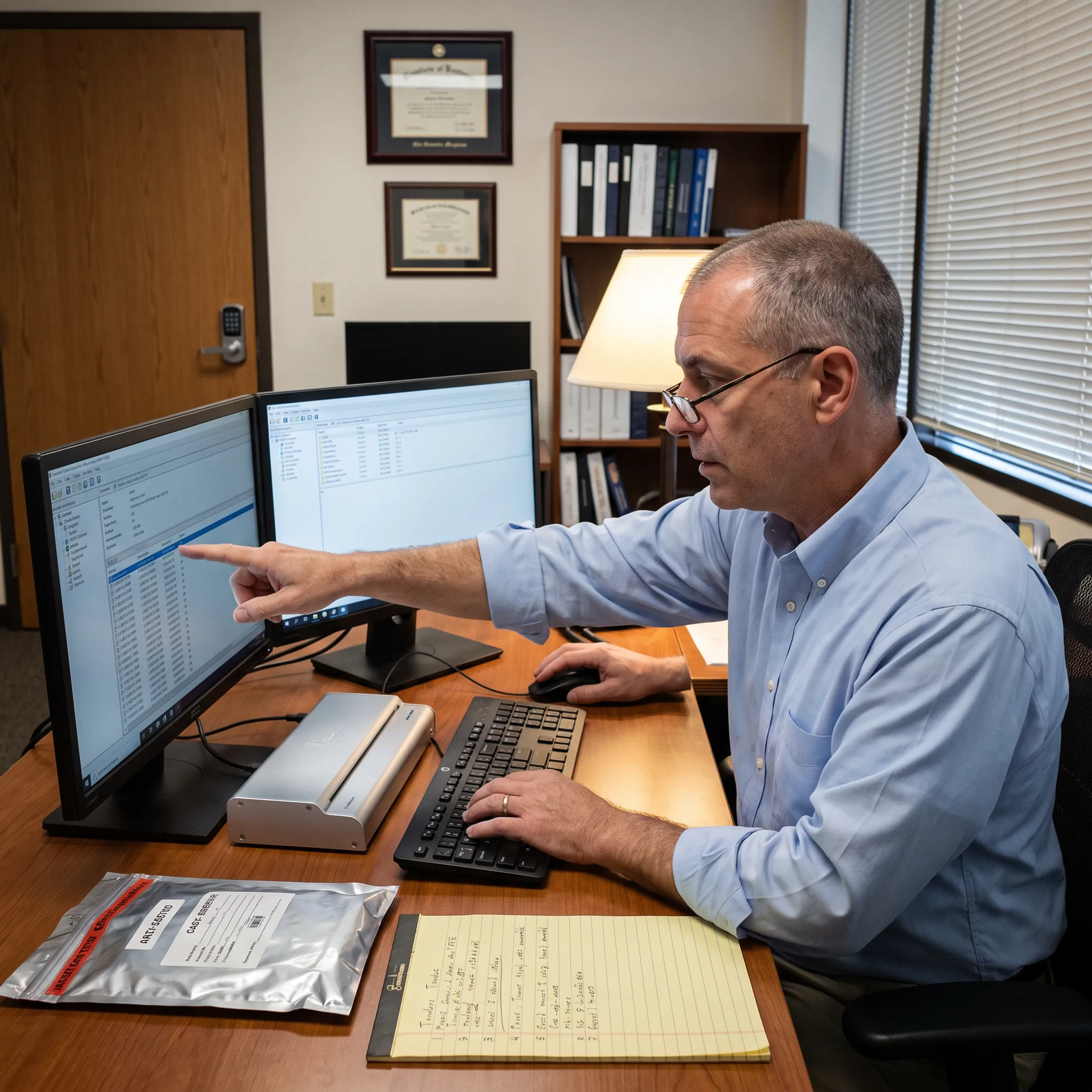 Digital forensic expert reviewing evidence for a legal case