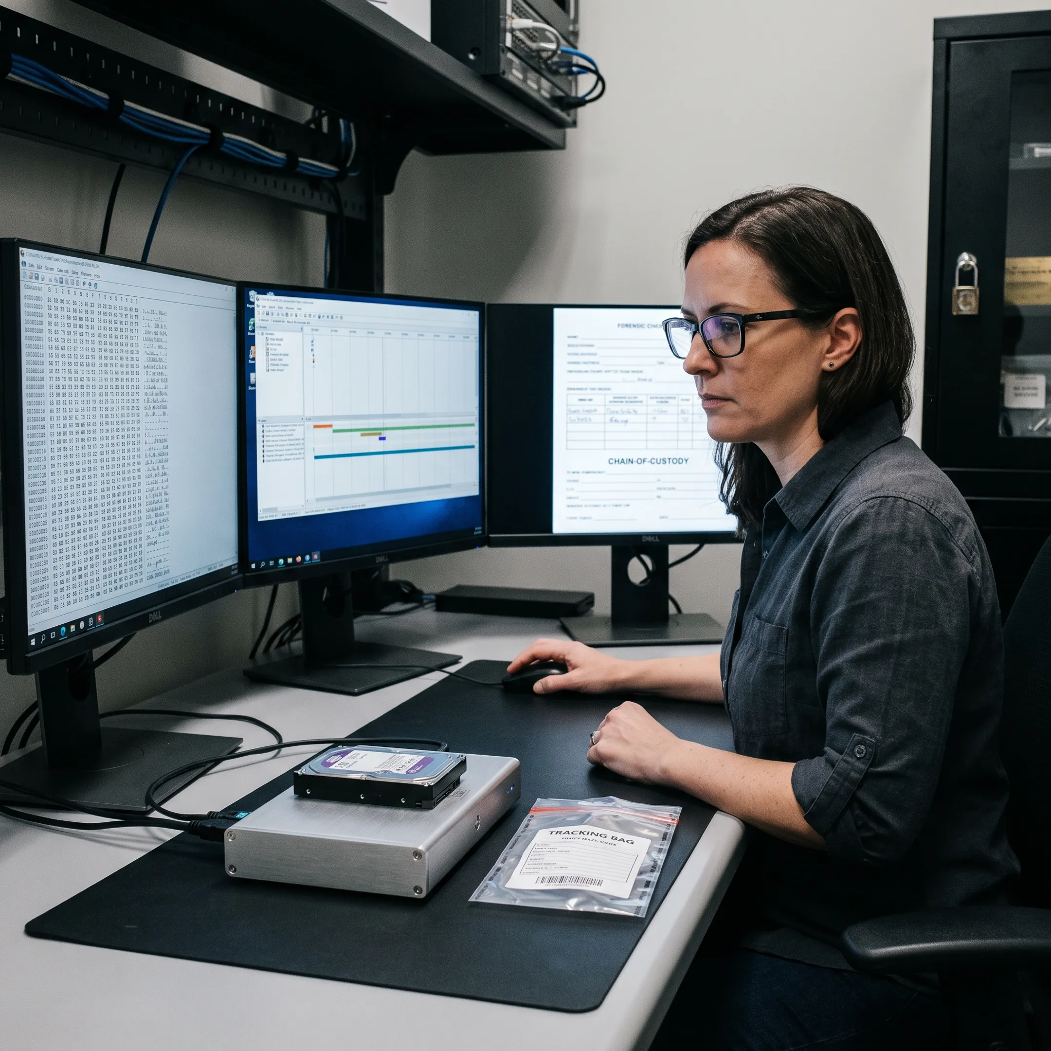 Forensic specialist examining digital evidence