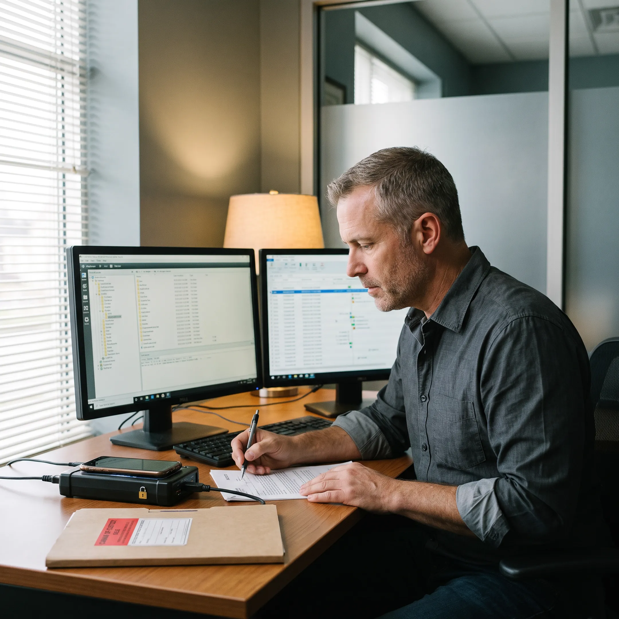 Private investigator reviewing case evidence