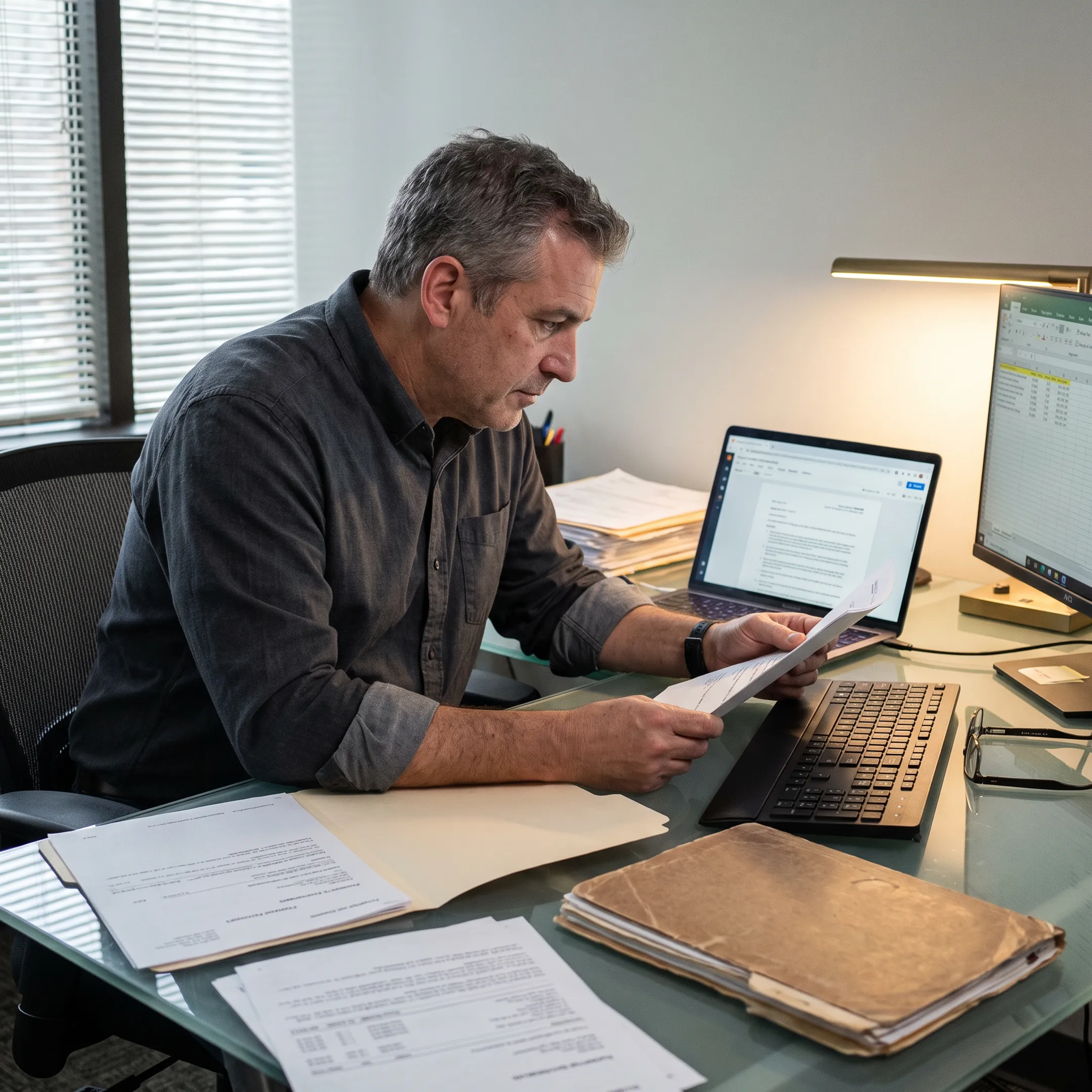 Investigator reviewing asset-search records