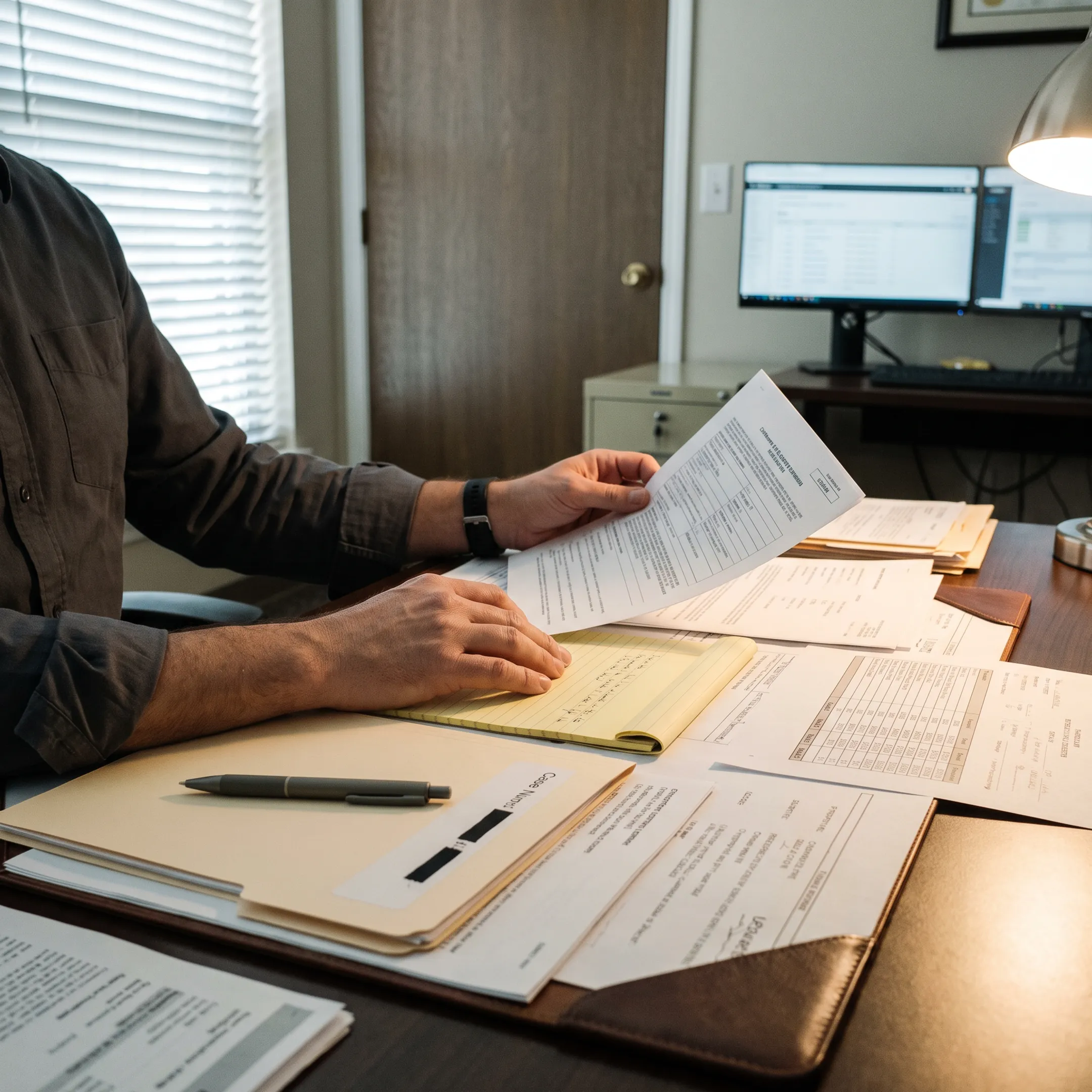 Asset investigator organizing financial records
