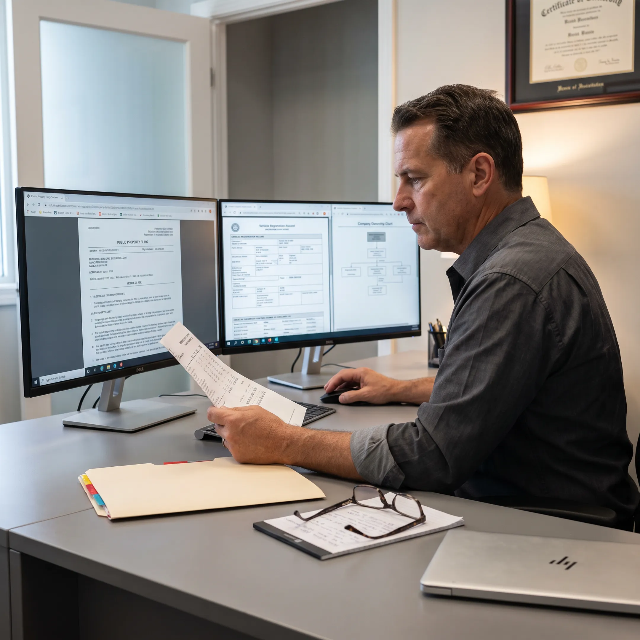 Asset investigator reviewing financial records