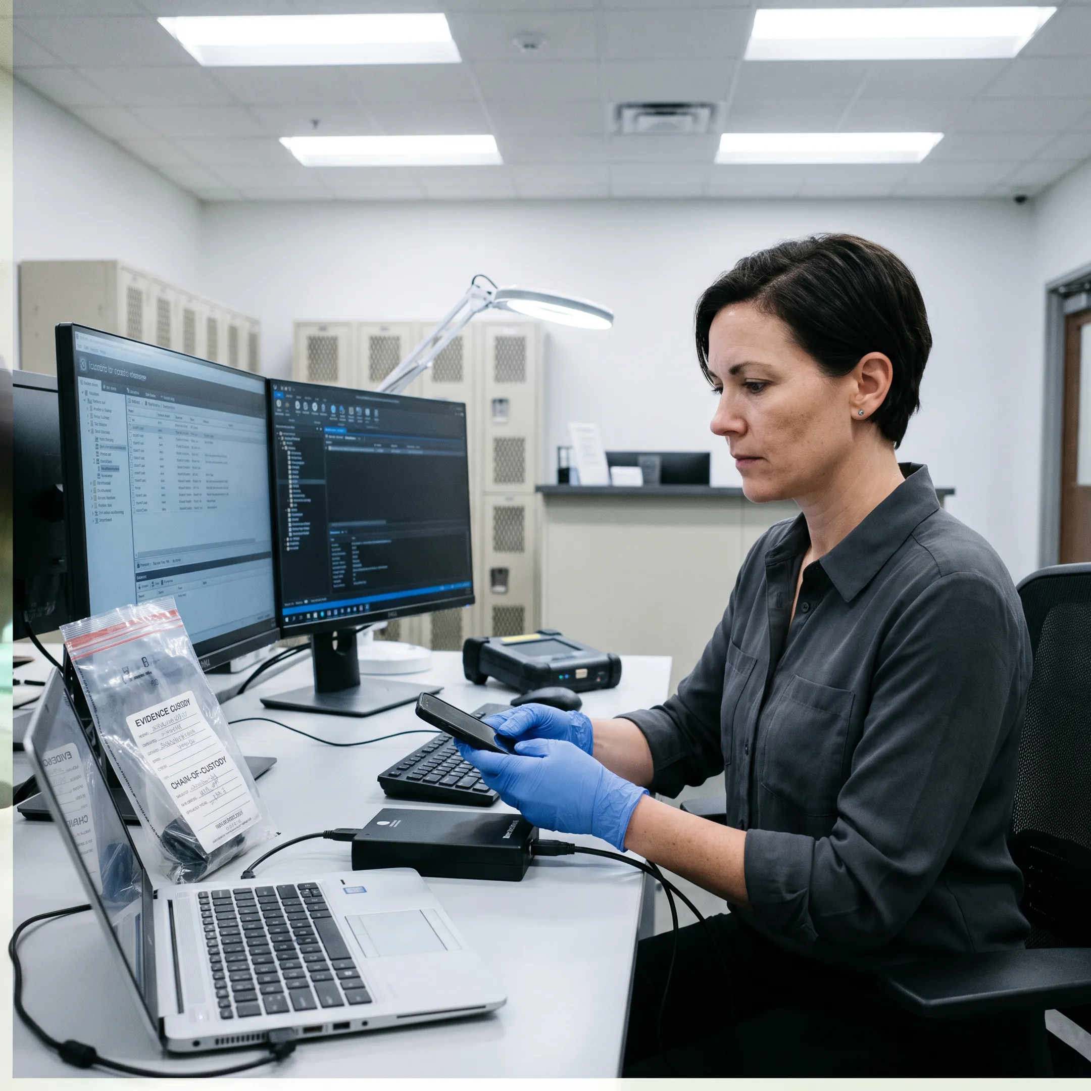 Digital forensic examiner reviewing electronic evidence