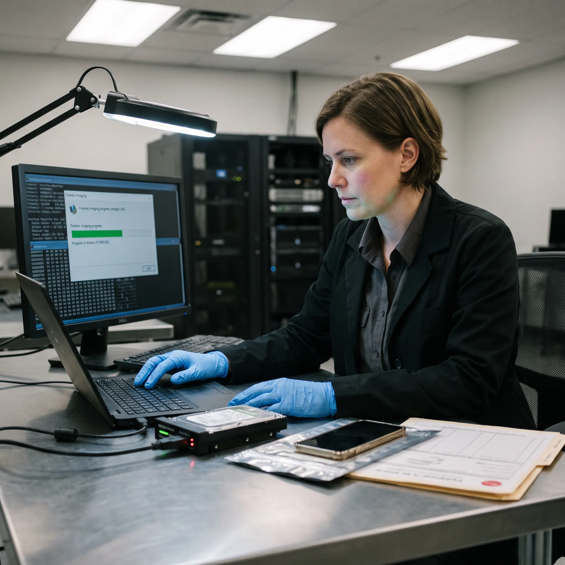 Examiner documenting a forensic device analysis