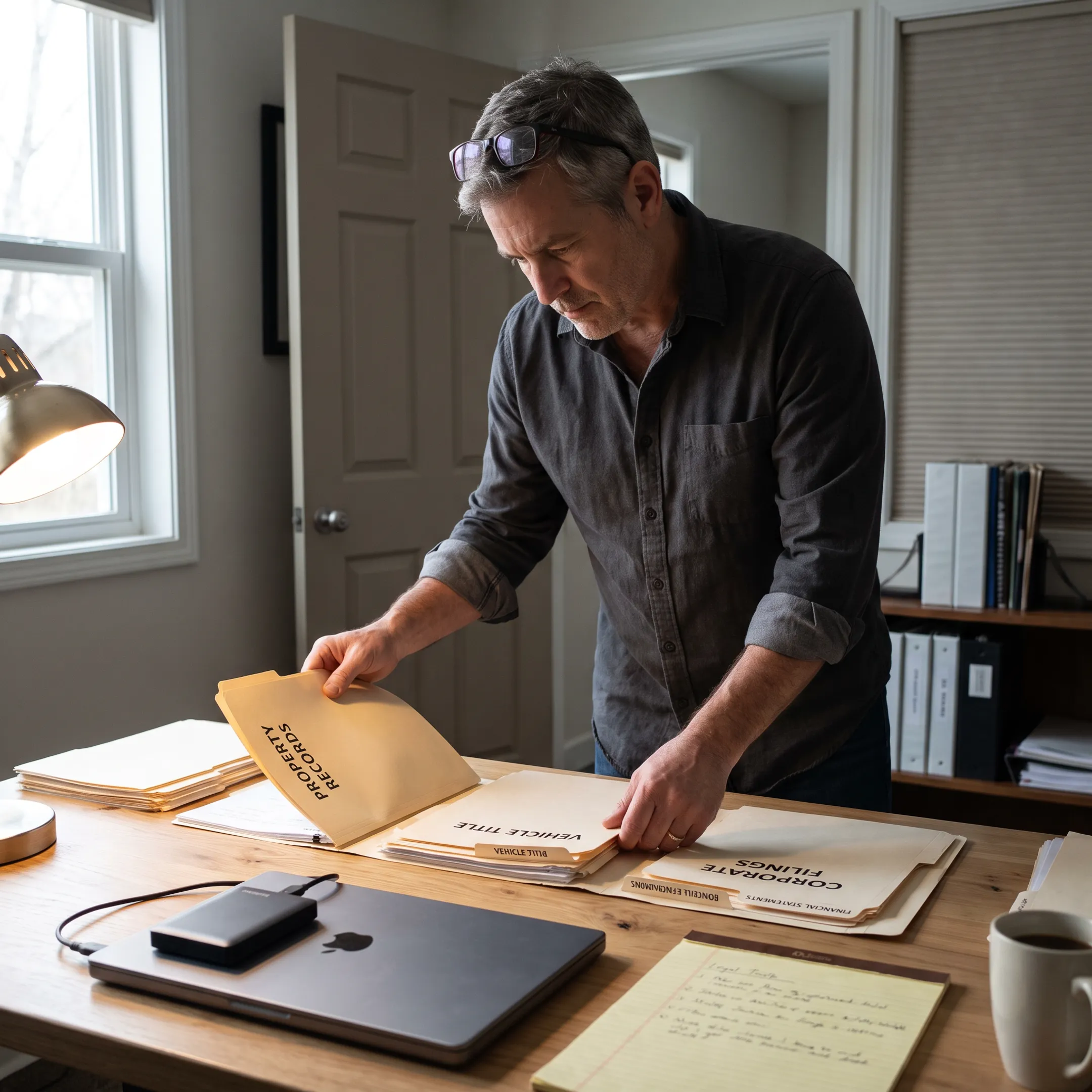 Investigator organizing asset research findings