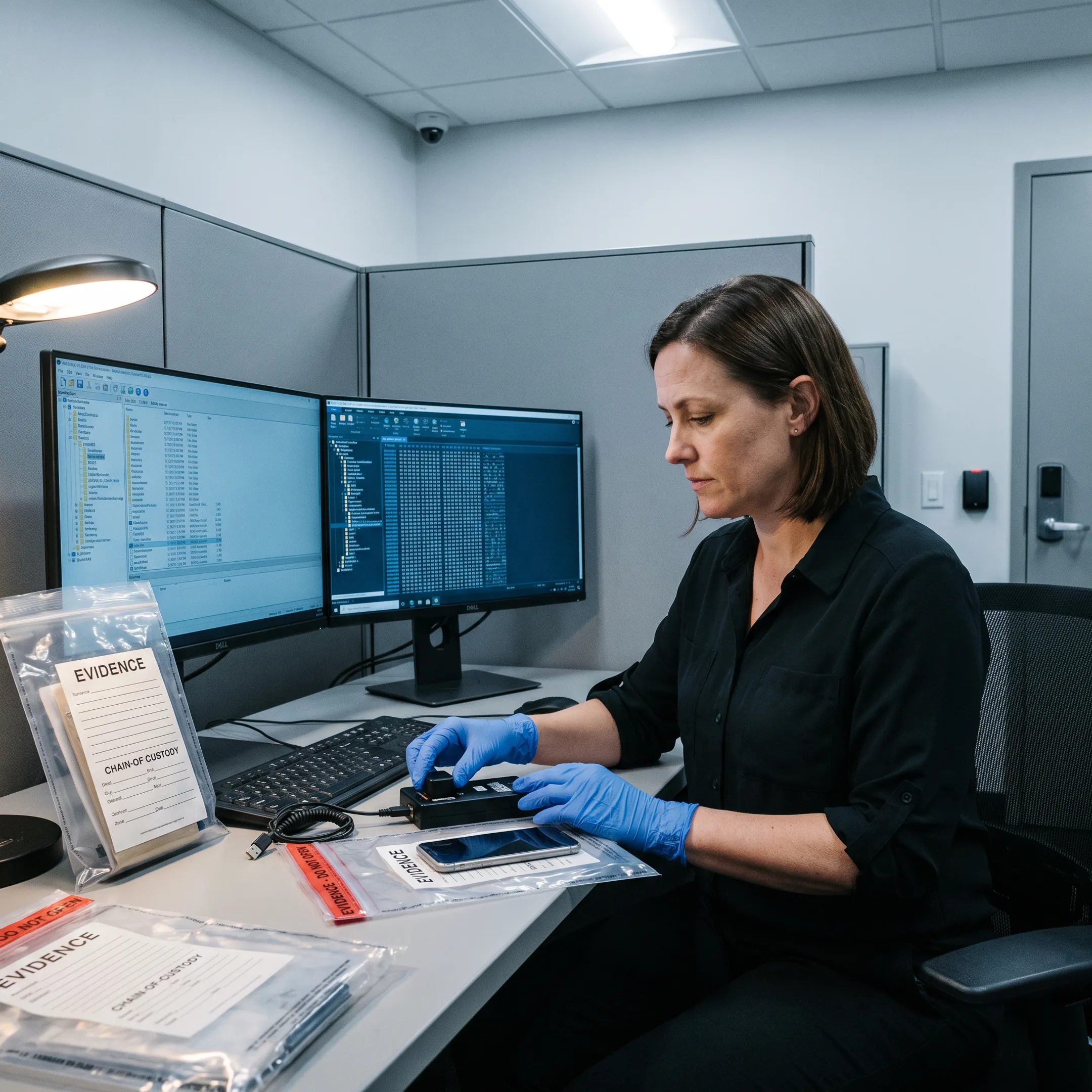 Forensic examiner analyzing smartphone evidence