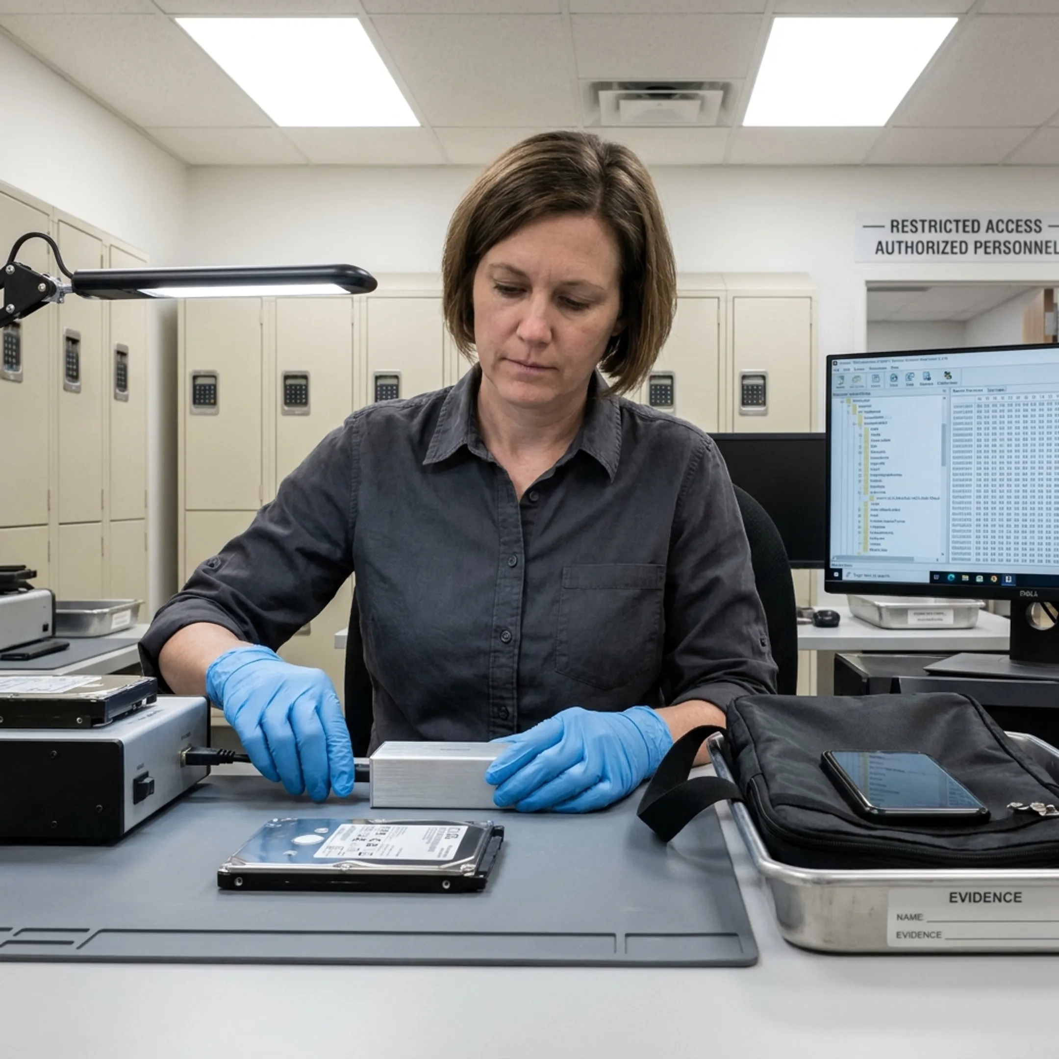 Forensic specialist examining digital evidence from a laptop