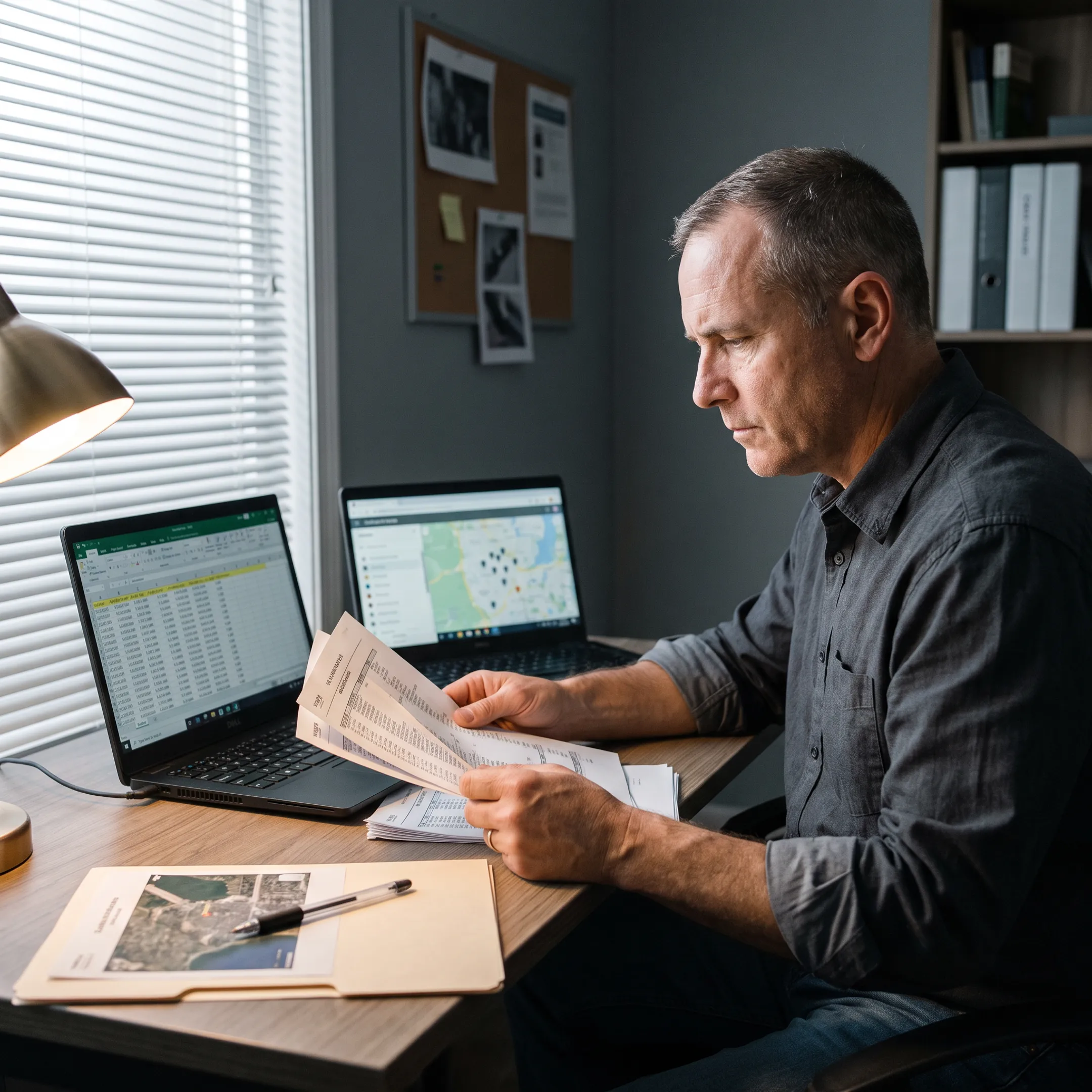 Investigator reviewing location research on a laptop