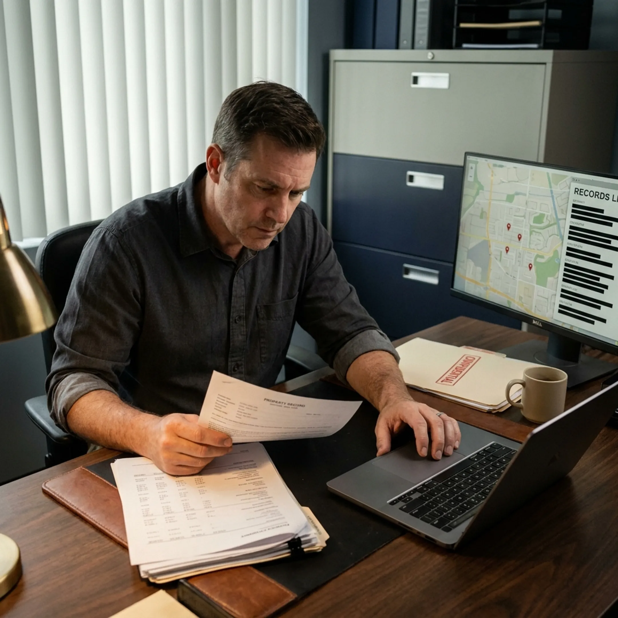 Investigator reviewing asset search records