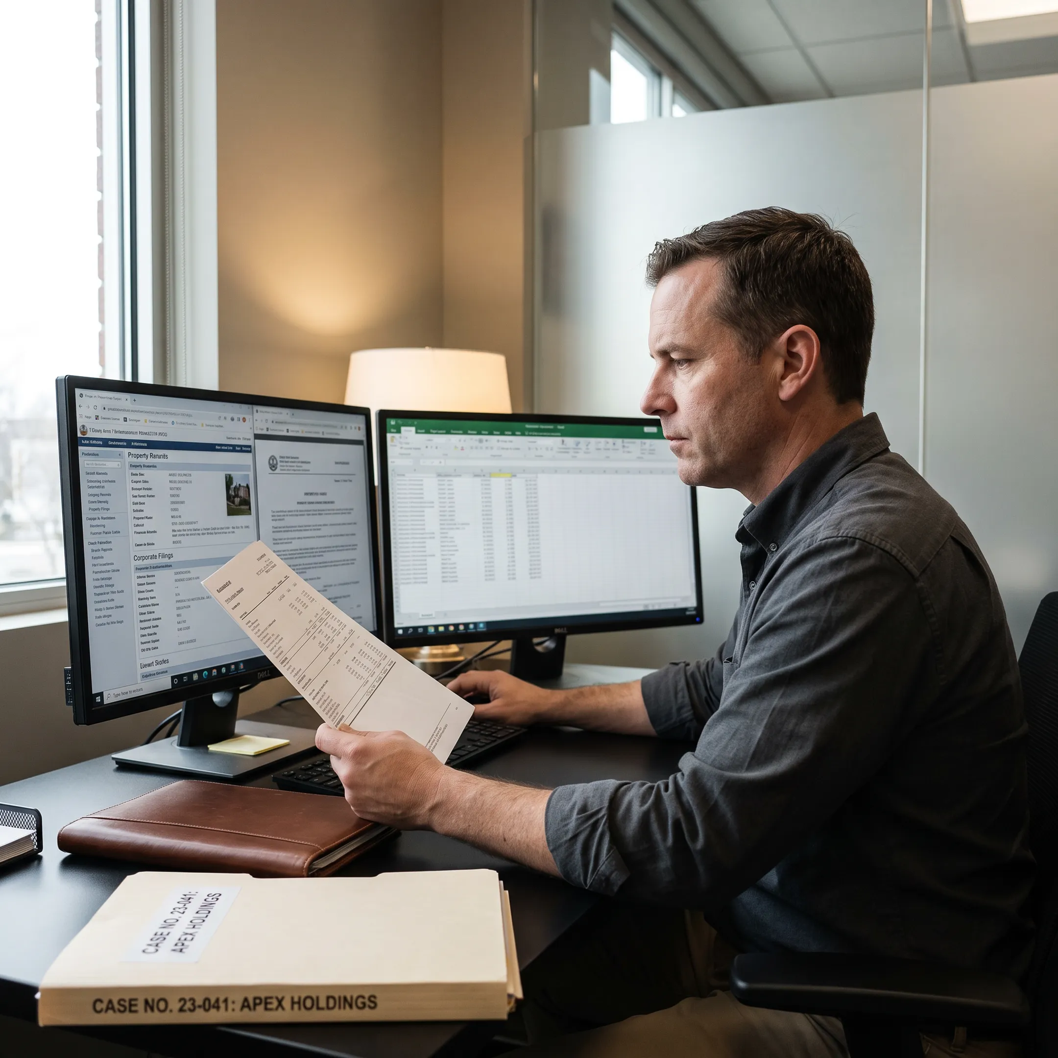 Investigator reviewing asset search records