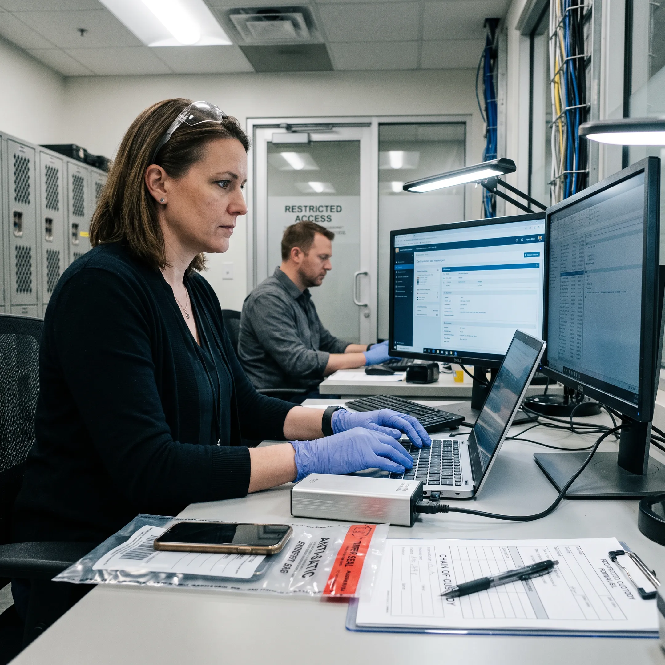 Digital forensic examiner reviewing evidence