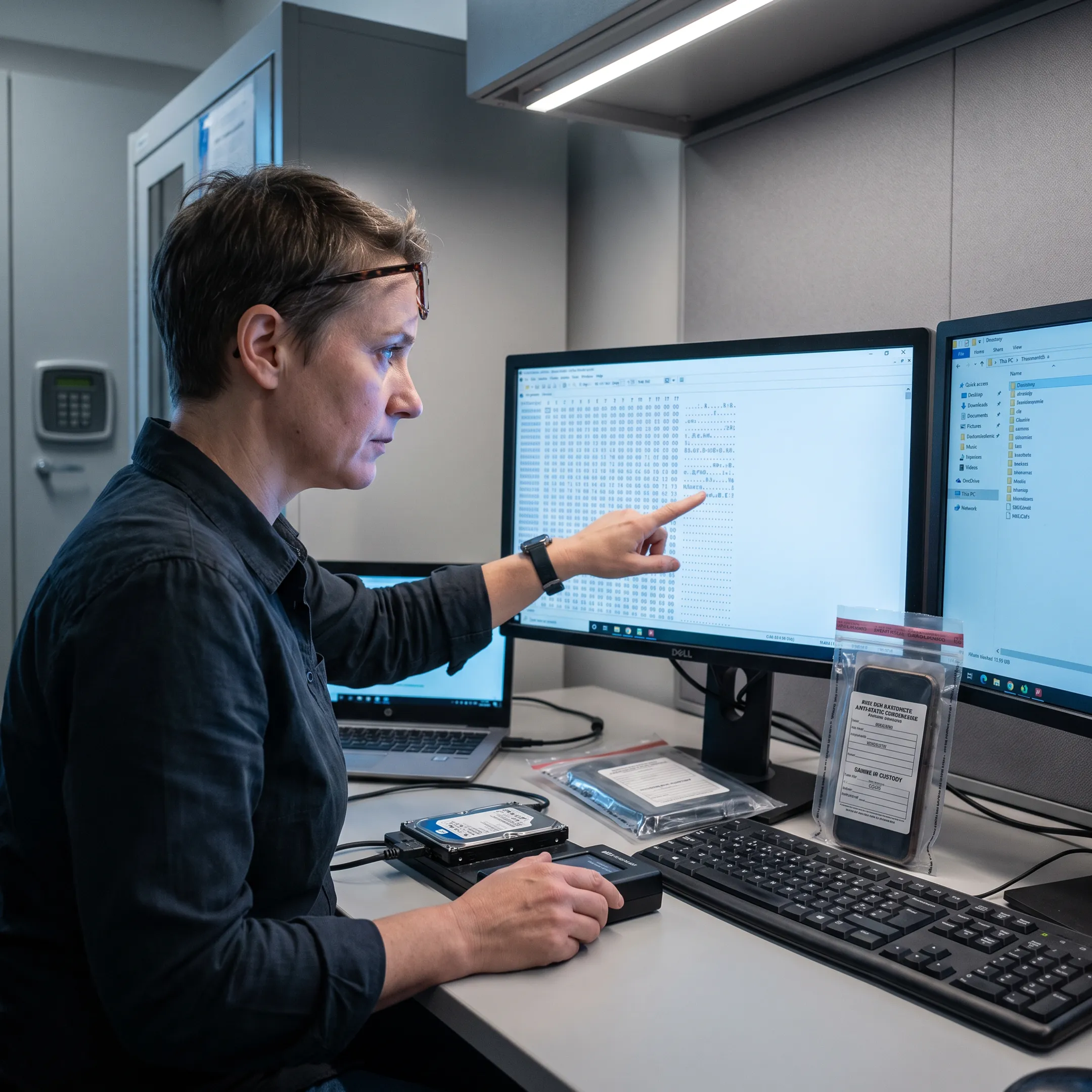 Digital forensic examiner reviewing computer evidence