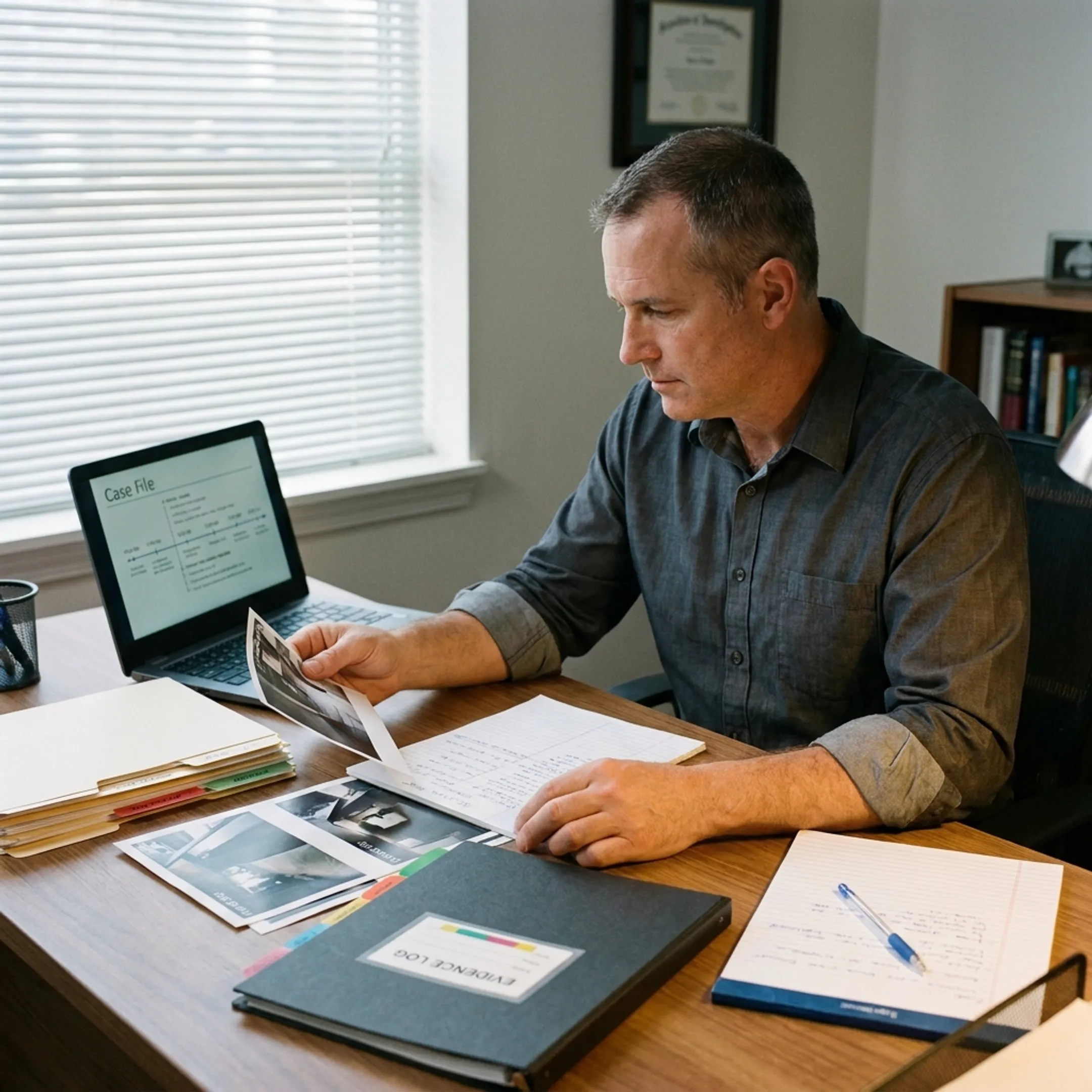 Investigator reviewing documented surveillance observations