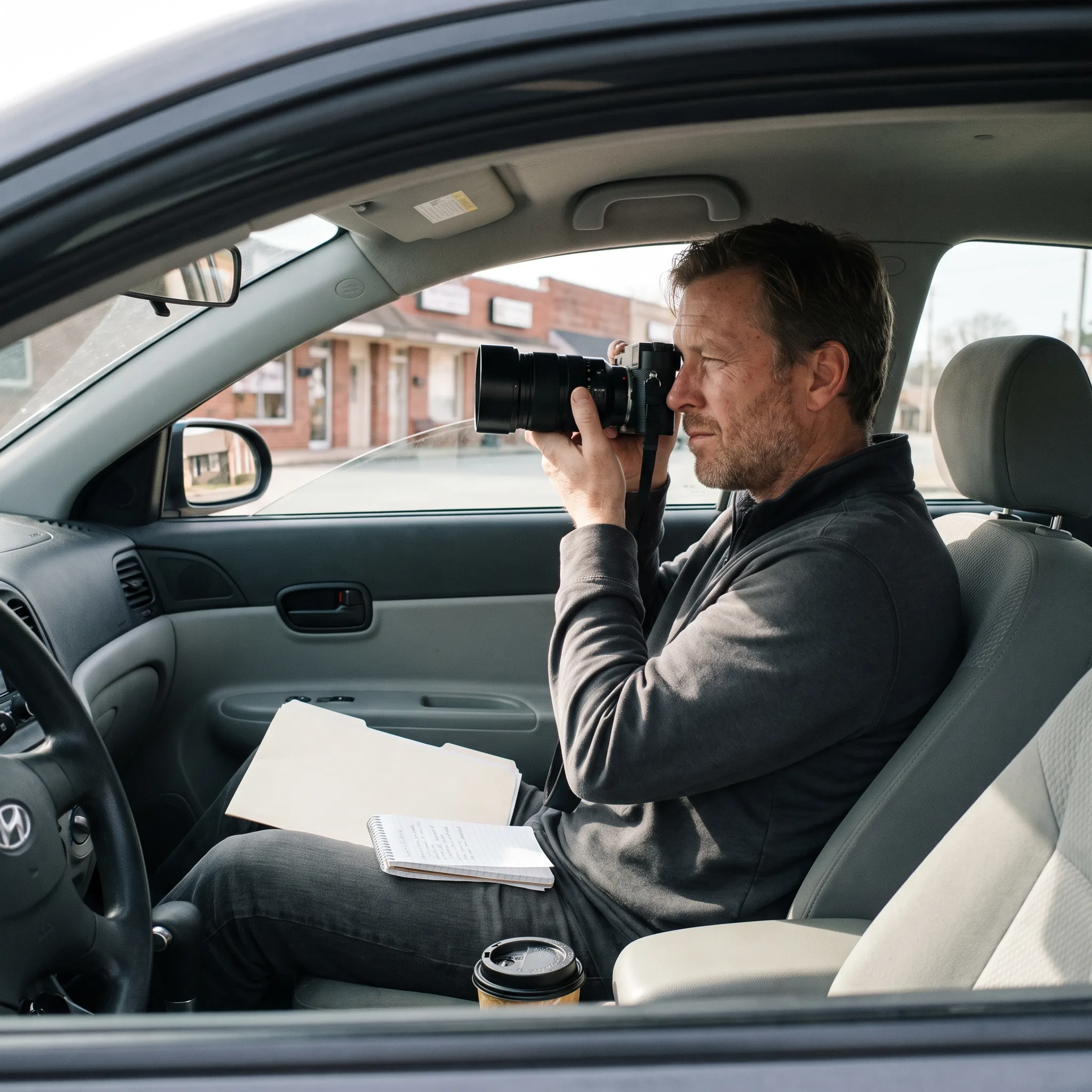 Investigator conducting discreet surveillance from a vehicle
