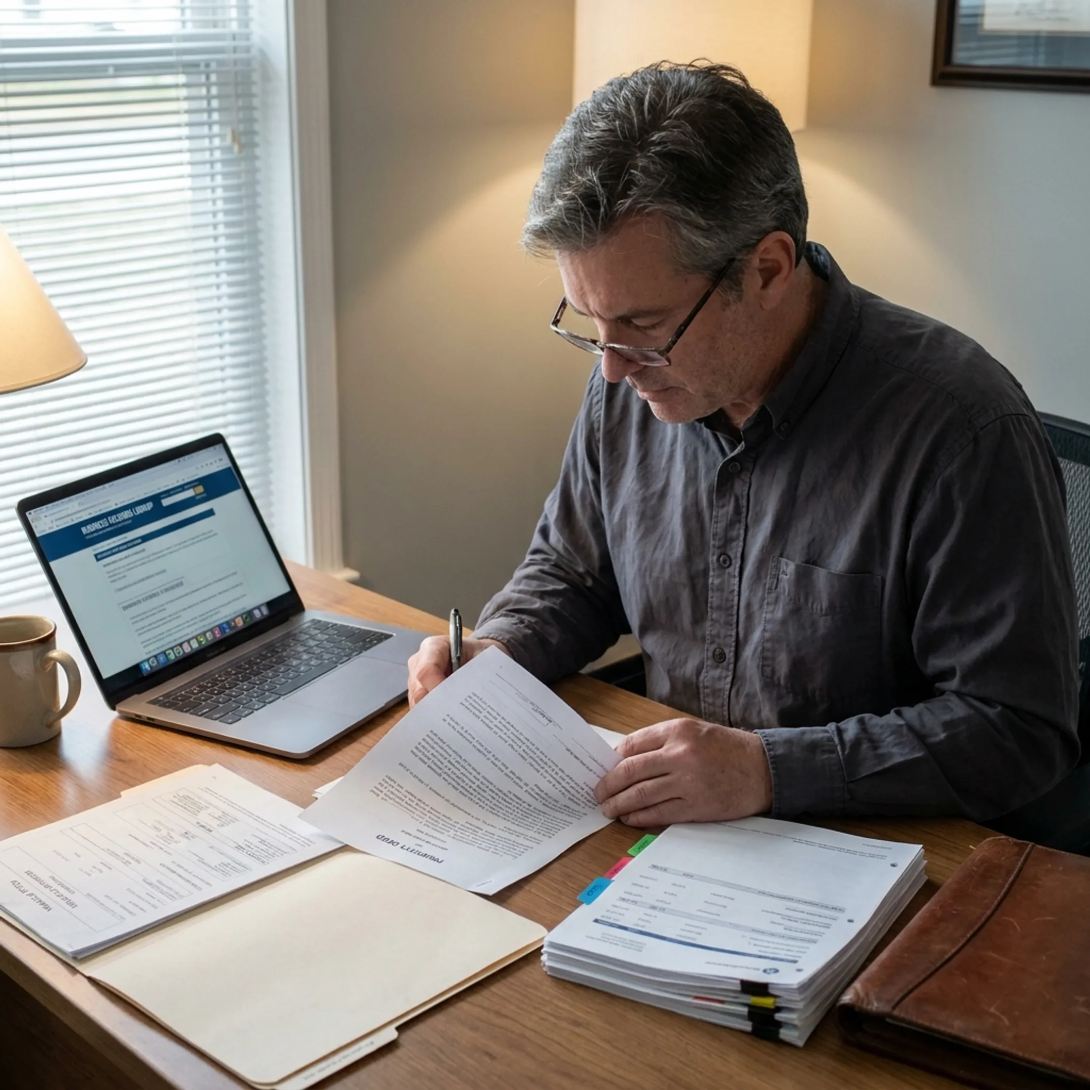 Investigator examining asset research documents