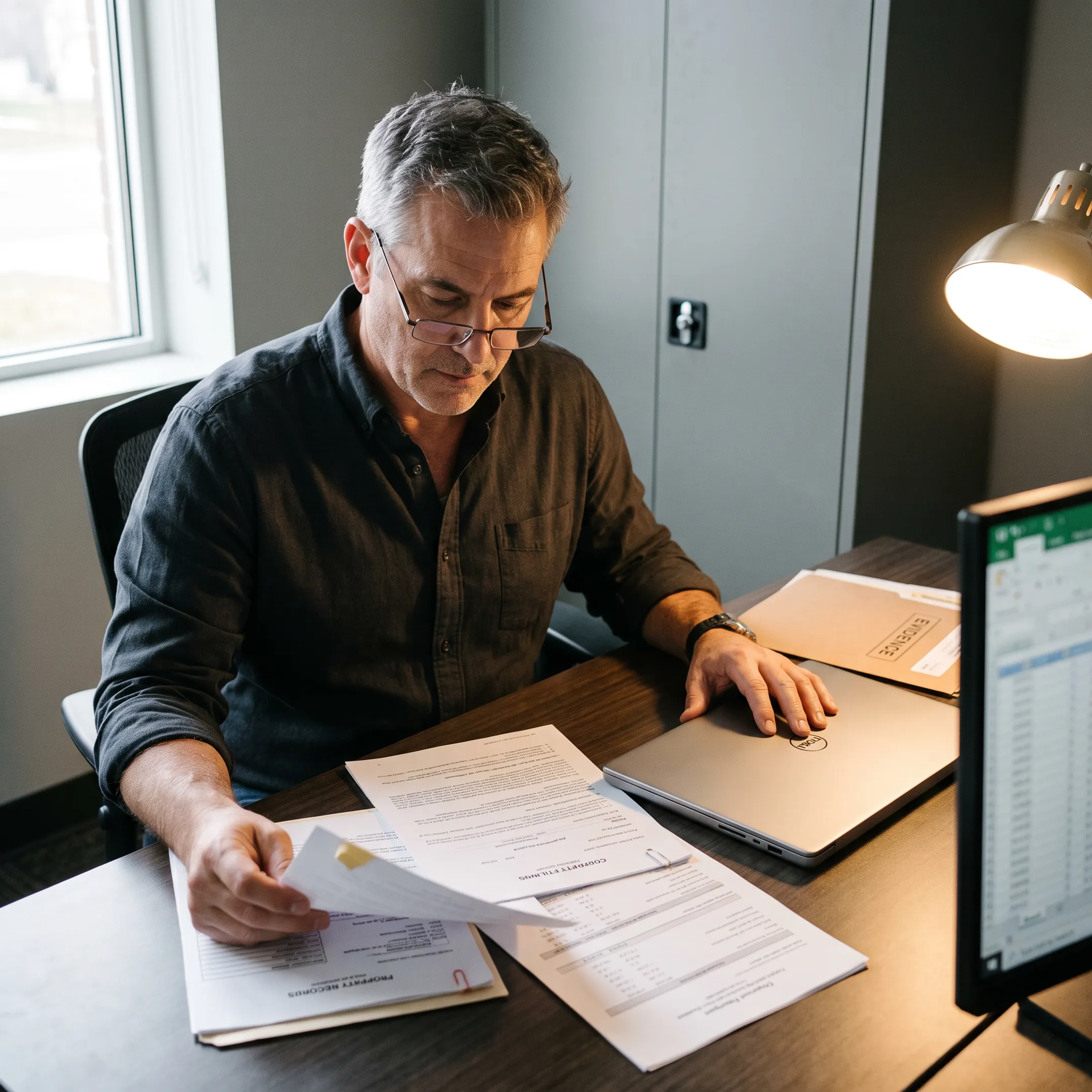Investigator reviewing records for an asset search