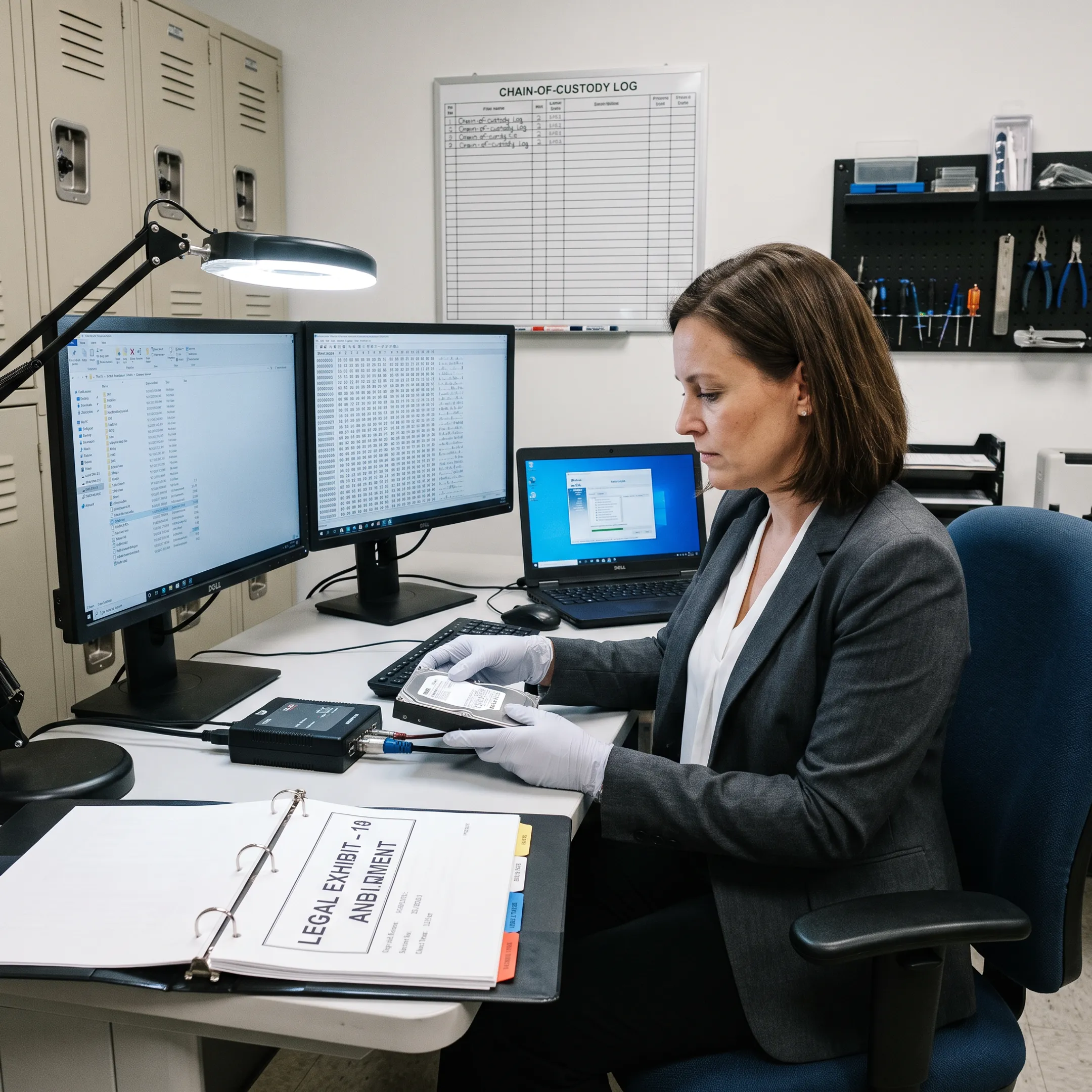 Digital forensic expert reviewing evidence for court